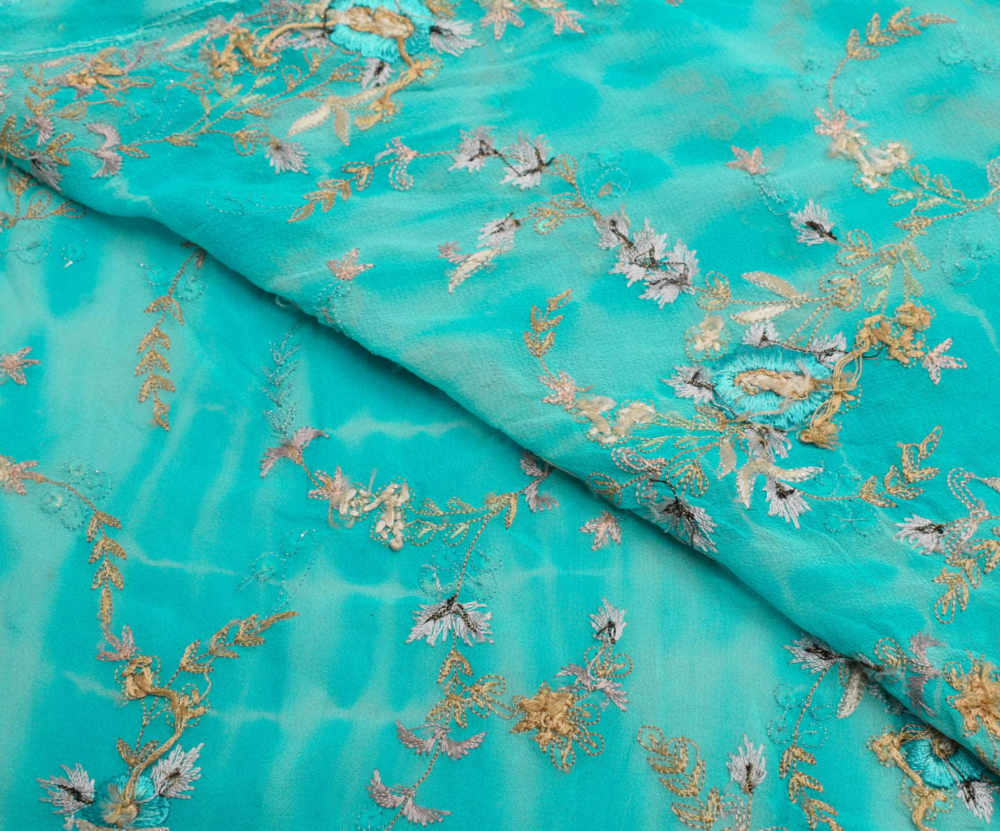 Sushila Vintage Aqua Sari Remnant Scrap Multi Purpose Hand Beaded Craft Fabric