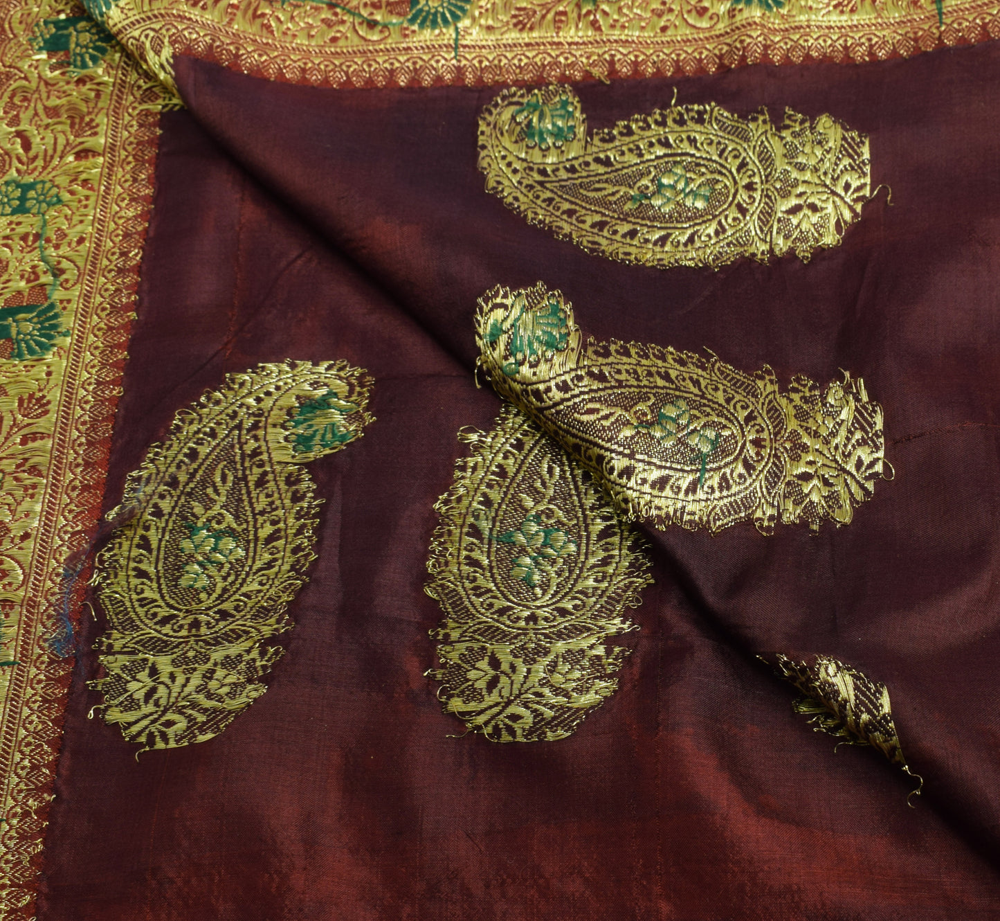 Sushila Vintage Brown Banarasi Pure Silk Sari Remnant Scrap Woven Craft Fabric