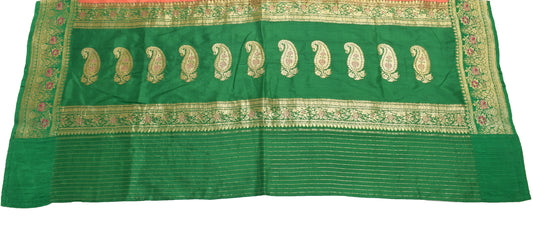 Sushila Vintage Green Banarasi Sari Remnant Scrap Pure Silk Woven Craft Fabric