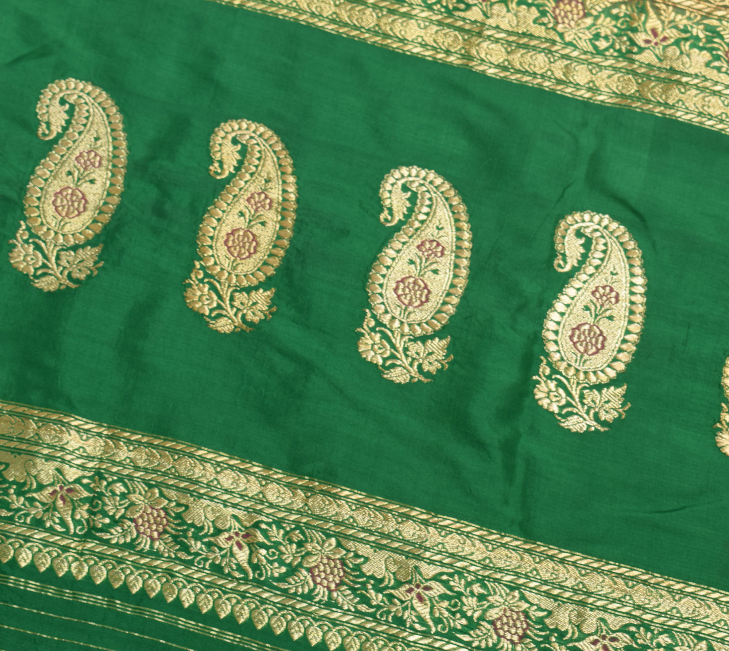 Sushila Vintage Green Banarasi Sari Remnant Scrap Pure Silk Woven Craft Fabric