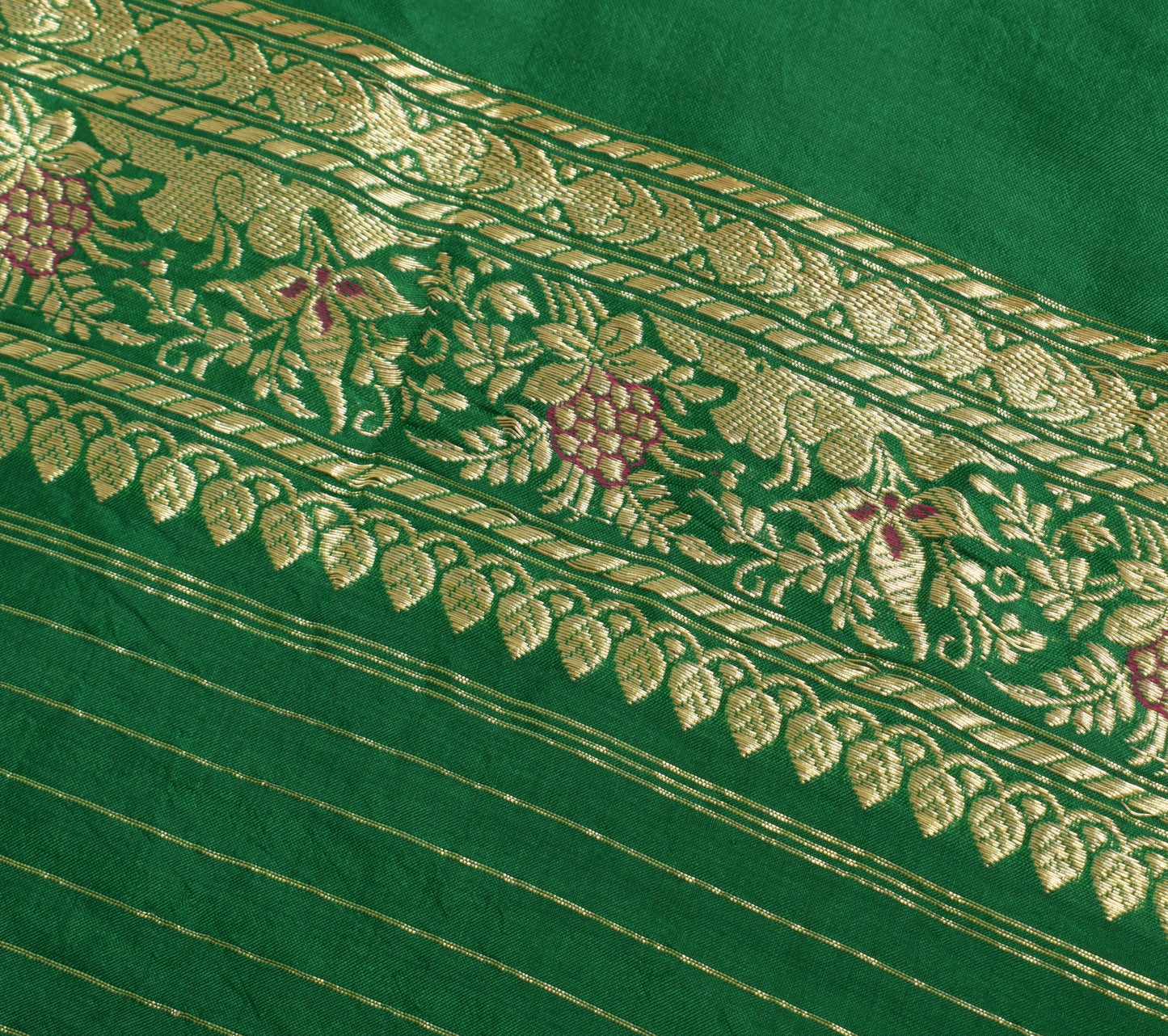 Sushila Vintage Green Banarasi Sari Remnant Scrap Pure Silk Woven Craft Fabric