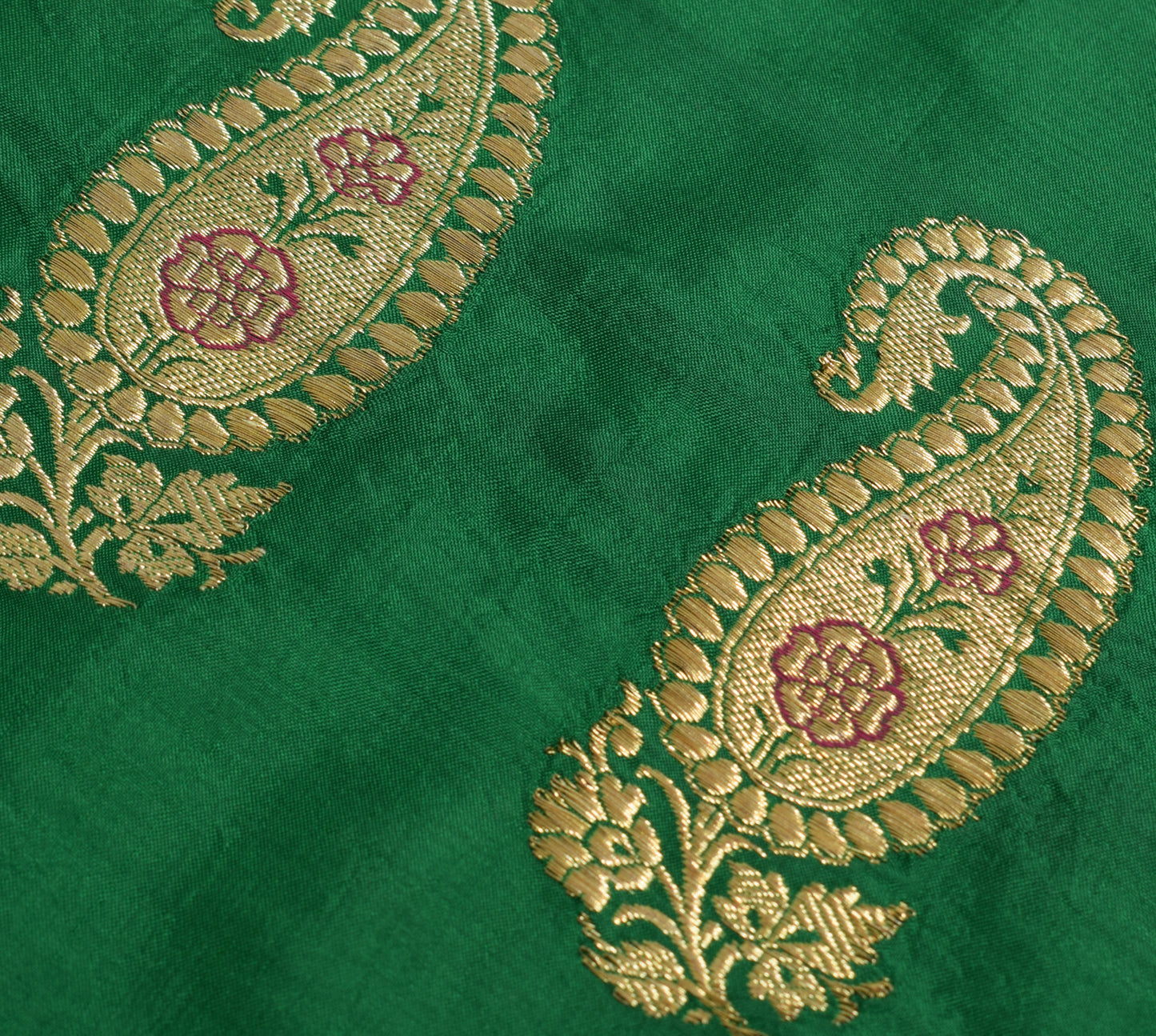 Sushila Vintage Green Banarasi Sari Remnant Scrap Pure Silk Woven Craft Fabric