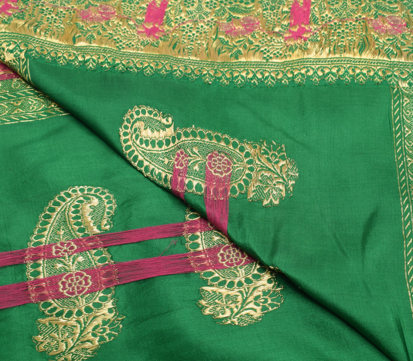 Sushila Vintage Green Banarasi Sari Remnant Scrap Pure Silk Woven Craft Fabric