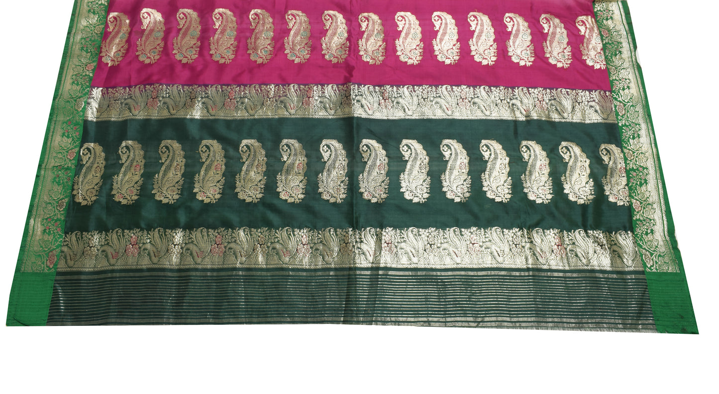 Sushila Vintage Green Banarasi Sari Remnant Scrap Pure Silk Woven Craft Fabric