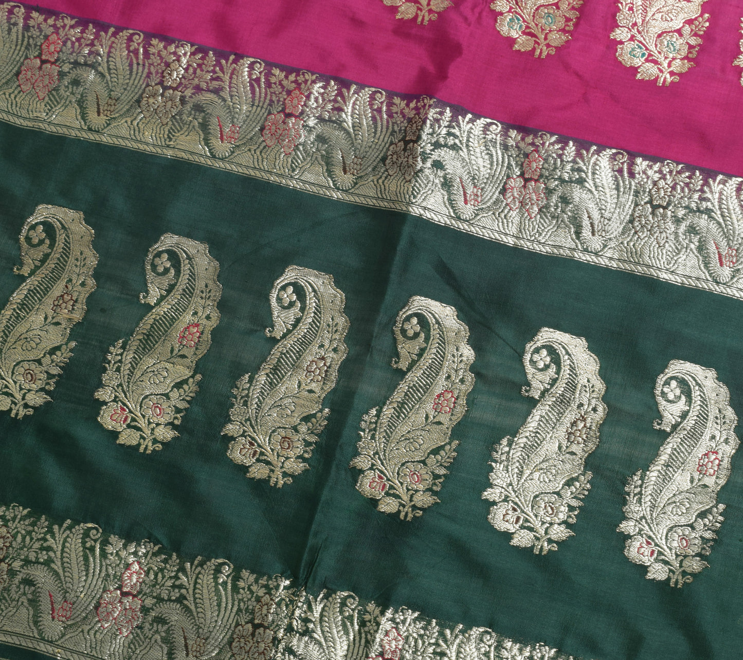 Sushila Vintage Green Banarasi Sari Remnant Scrap Pure Silk Woven Craft Fabric