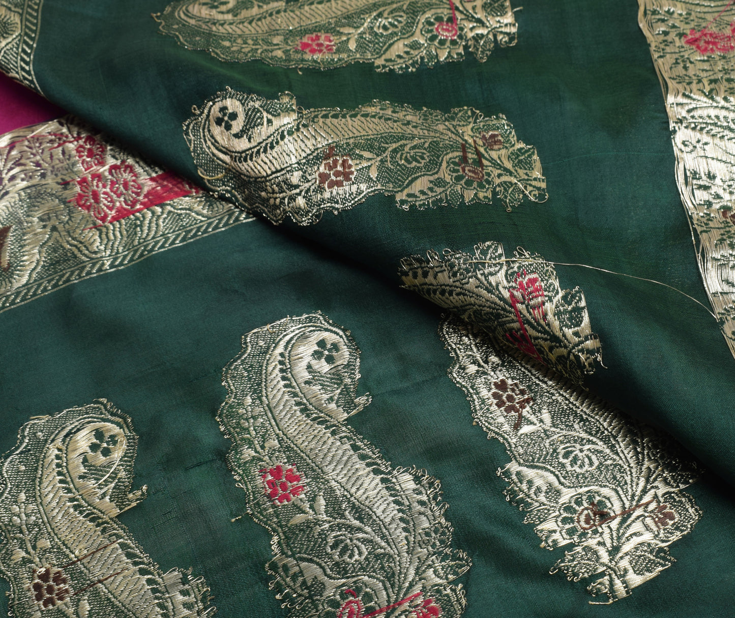 Sushila Vintage Green Banarasi Sari Remnant Scrap Pure Silk Woven Craft Fabric