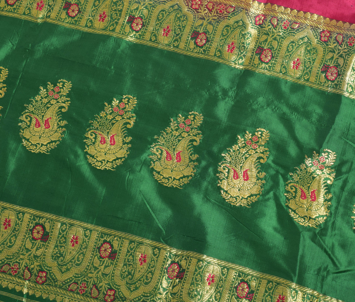 Sushila Vintage Green Banarasi Pure Silk Sari Remnant Scrap Woven Craft Fabric