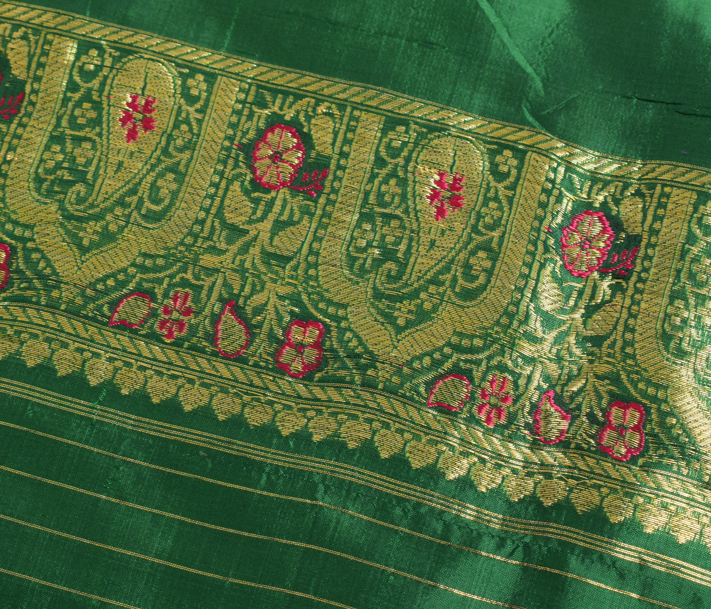 Sushila Vintage Green Banarasi Pure Silk Sari Remnant Scrap Woven Craft Fabric