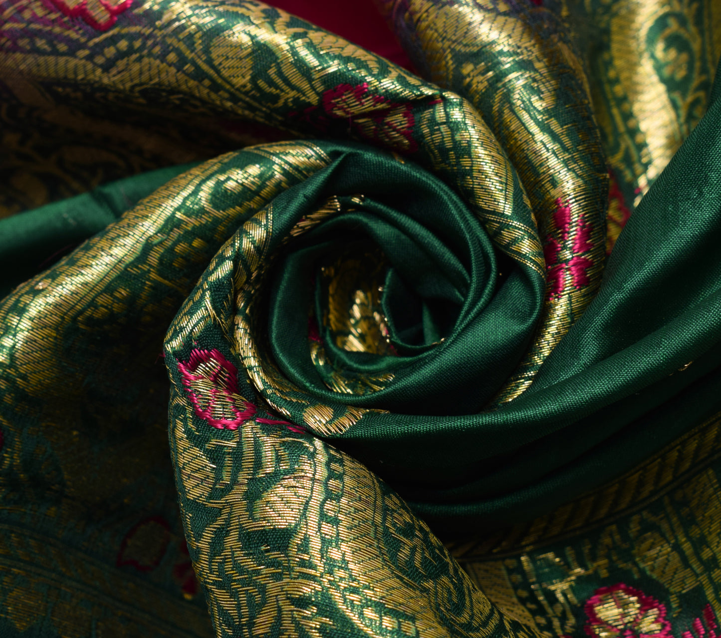 Sushila Vintage Green Banarasi Pure Silk Sari Remnant Scrap Woven Craft Fabric