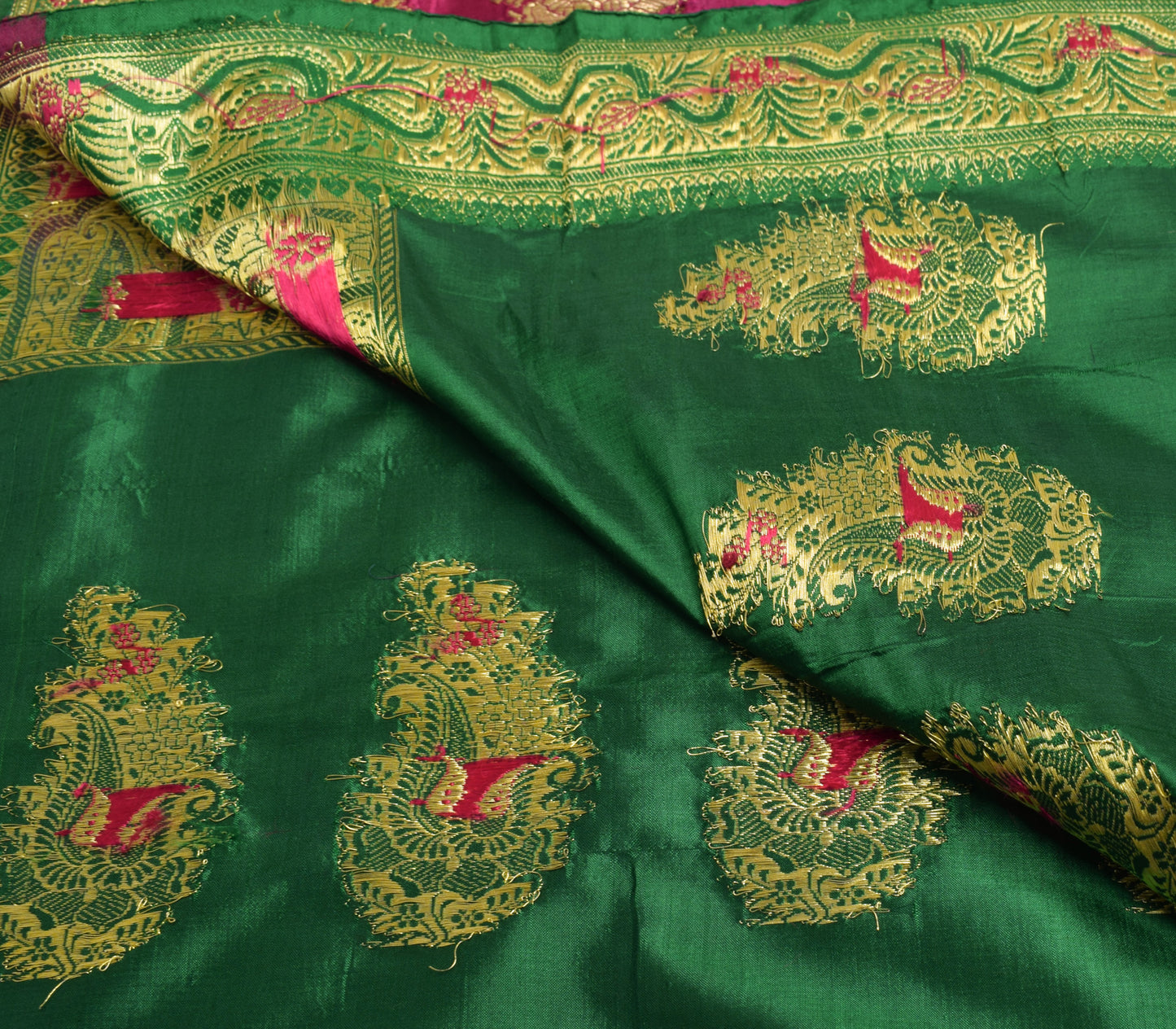 Sushila Vintage Green Banarasi Pure Silk Sari Remnant Scrap Woven Craft Fabric