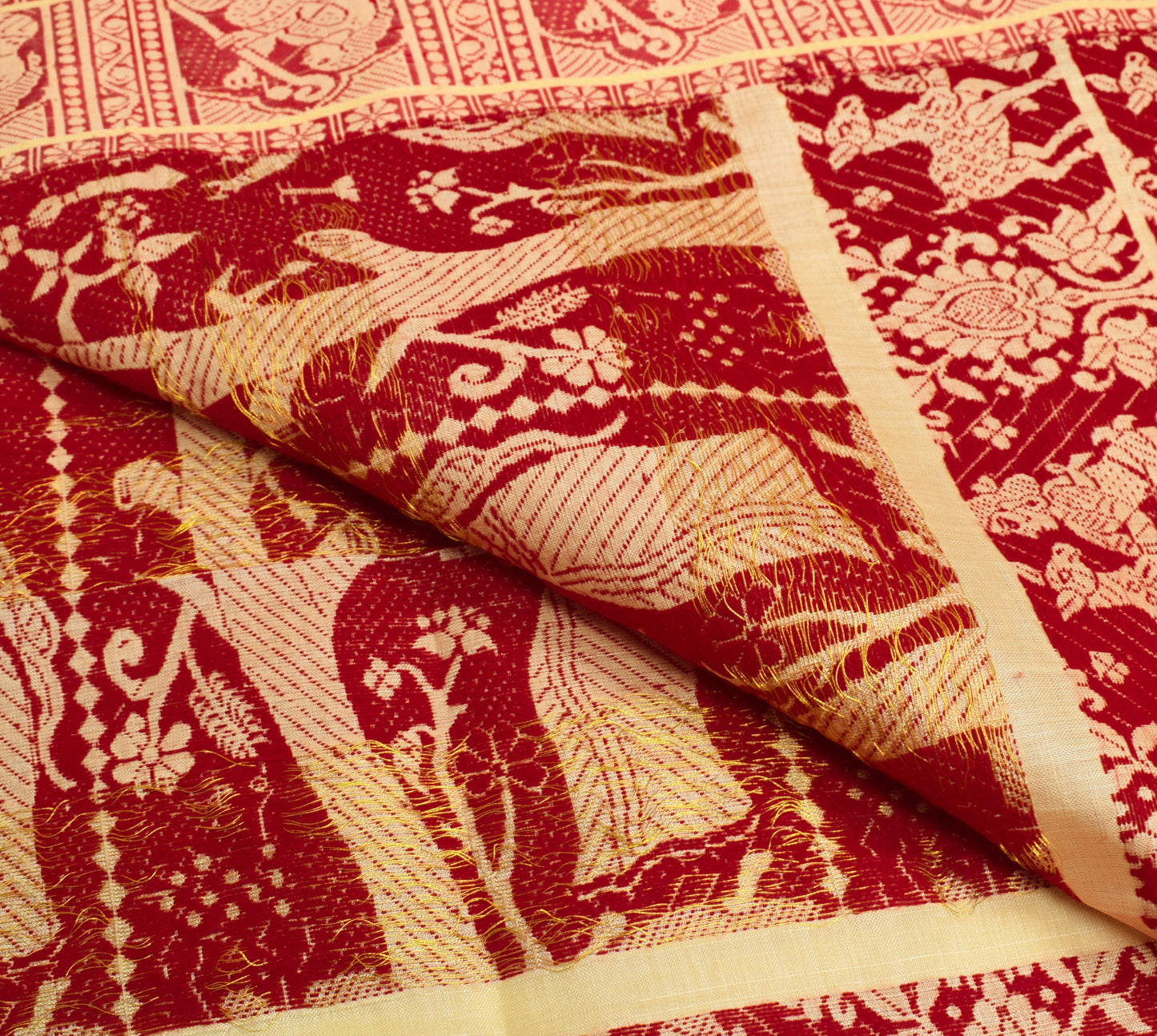 Sushila Vintage Cream Pure Silk Sari Remnant Scrap Baluchari Woven Craft Fabric