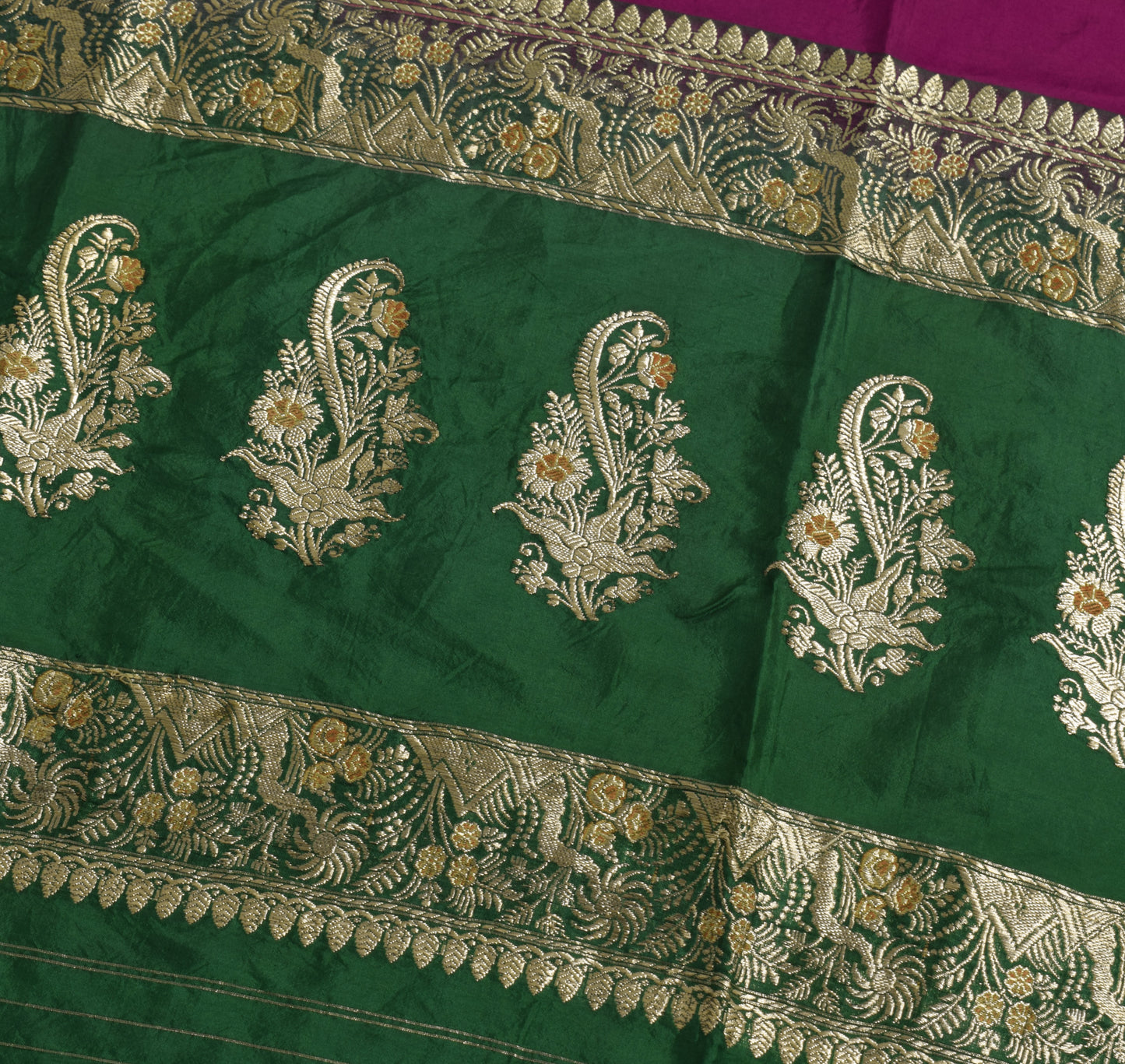 Sushila Vintage Green Banarasi Silk Sari Remnant Scrap Zari Woven Craft Fabric