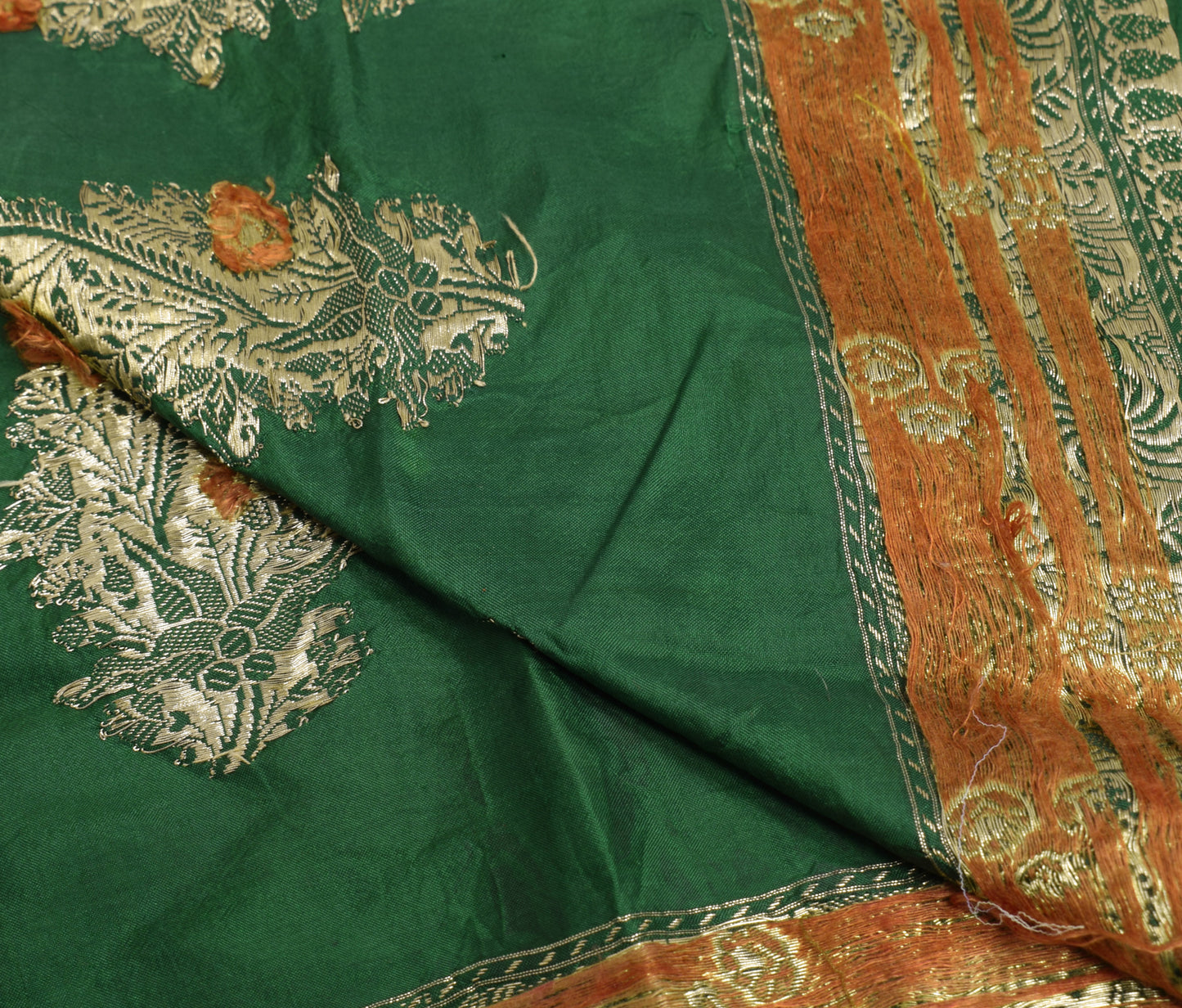 Sushila Vintage Green Banarasi Silk Sari Remnant Scrap Zari Woven Craft Fabric