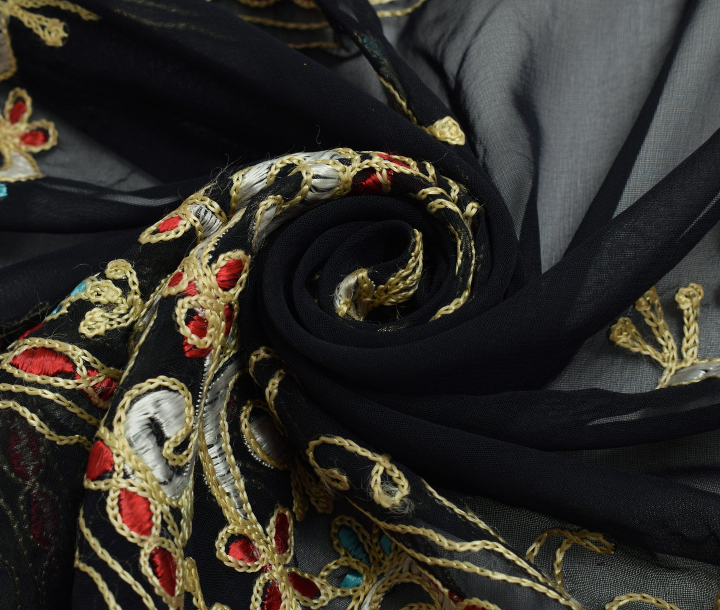 Sushila Vintage Black Georgette Silk Sari Remnant Scrap Embroidered Craft Fabric