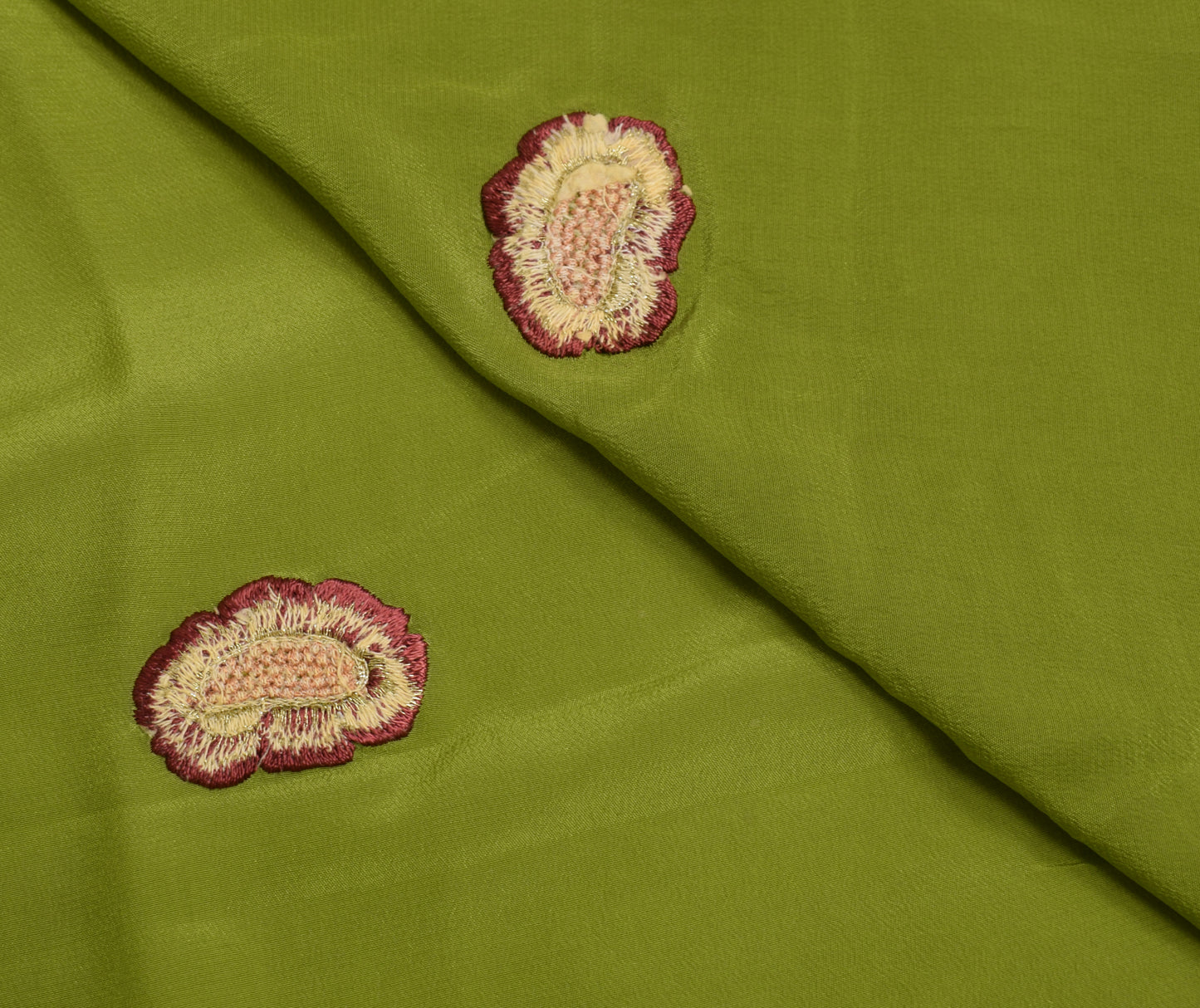 Sushila Vintage Green Silk Sari Remnant Scrap Embroidered Floral Craft Fabric