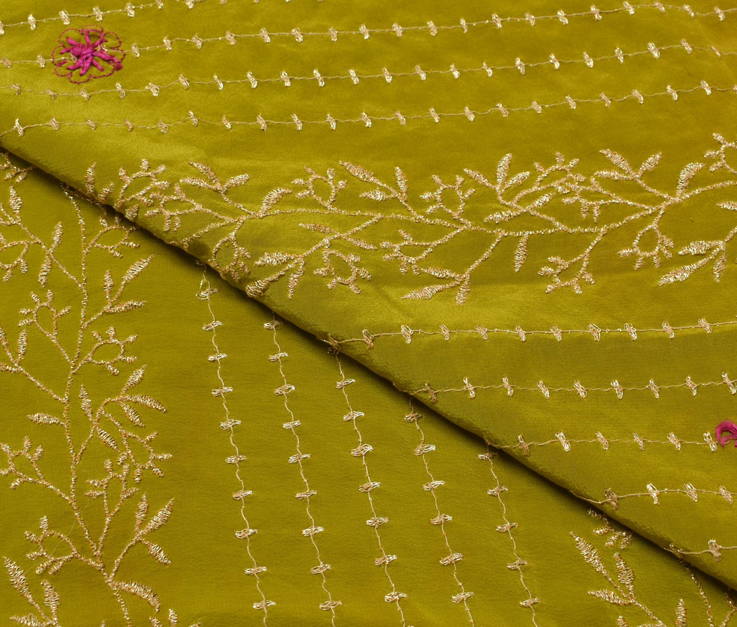 Sushila Vintage Green Sari Remnant Scrap Crepe Silk Embroidered Craft Fabric