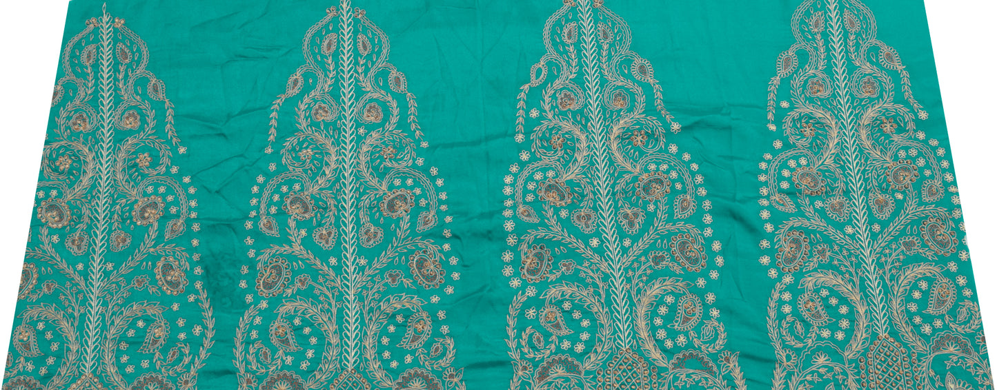 Sushila Vintage Rama Green Sari Remnant Scrap Silk Embroidered Soft Craft Fabric