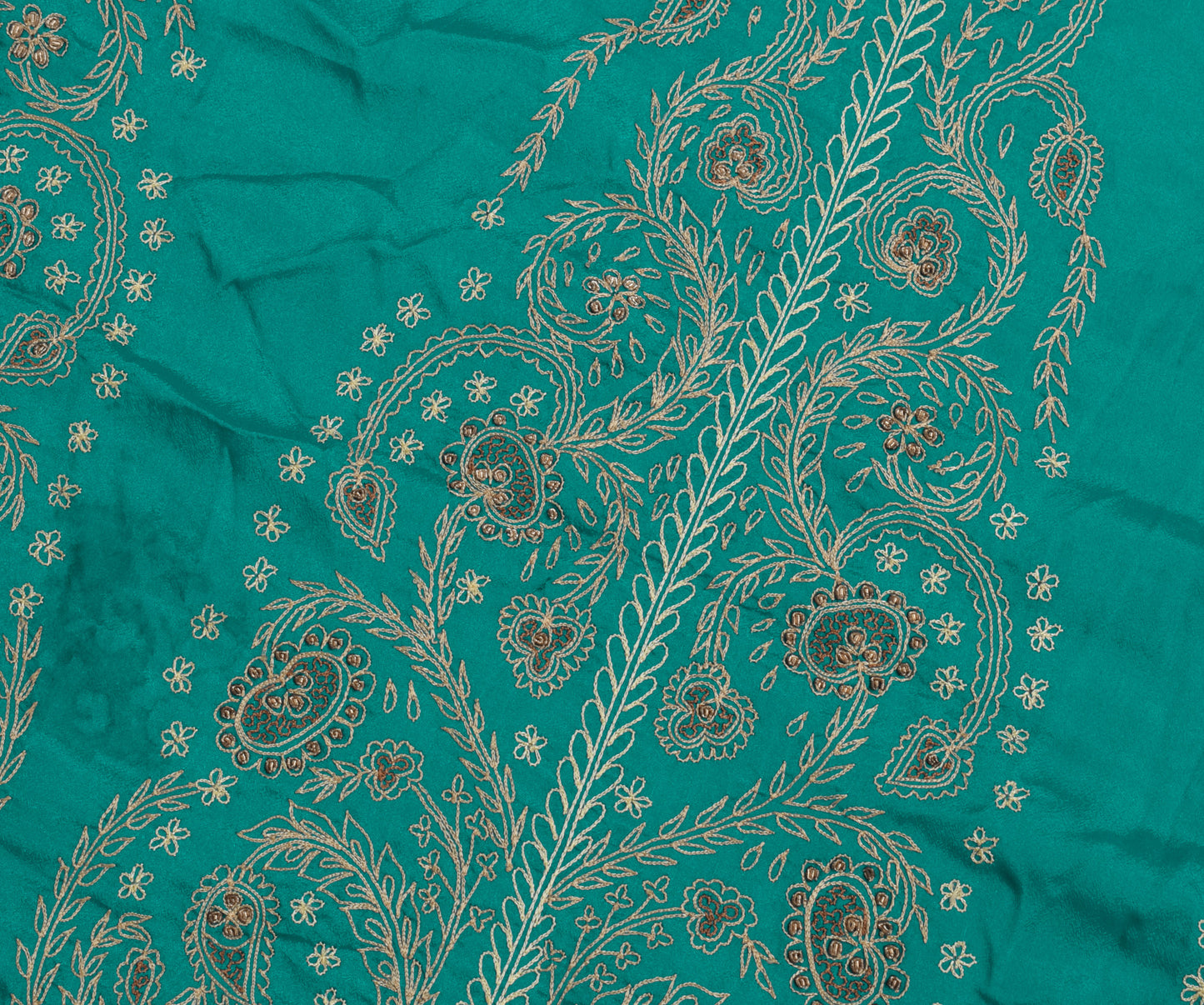 Sushila Vintage Rama Green Sari Remnant Scrap Silk Embroidered Soft Craft Fabric