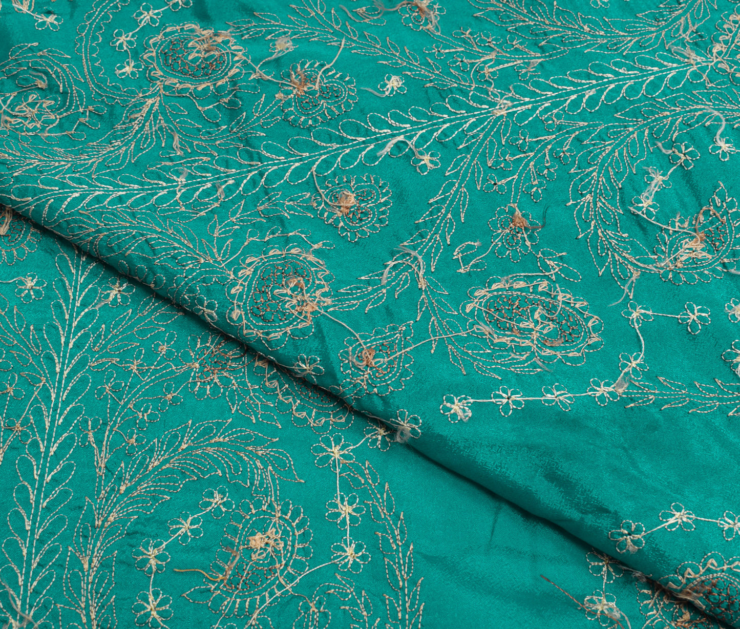 Sushila Vintage Rama Green Sari Remnant Scrap Silk Embroidered Soft Craft Fabric