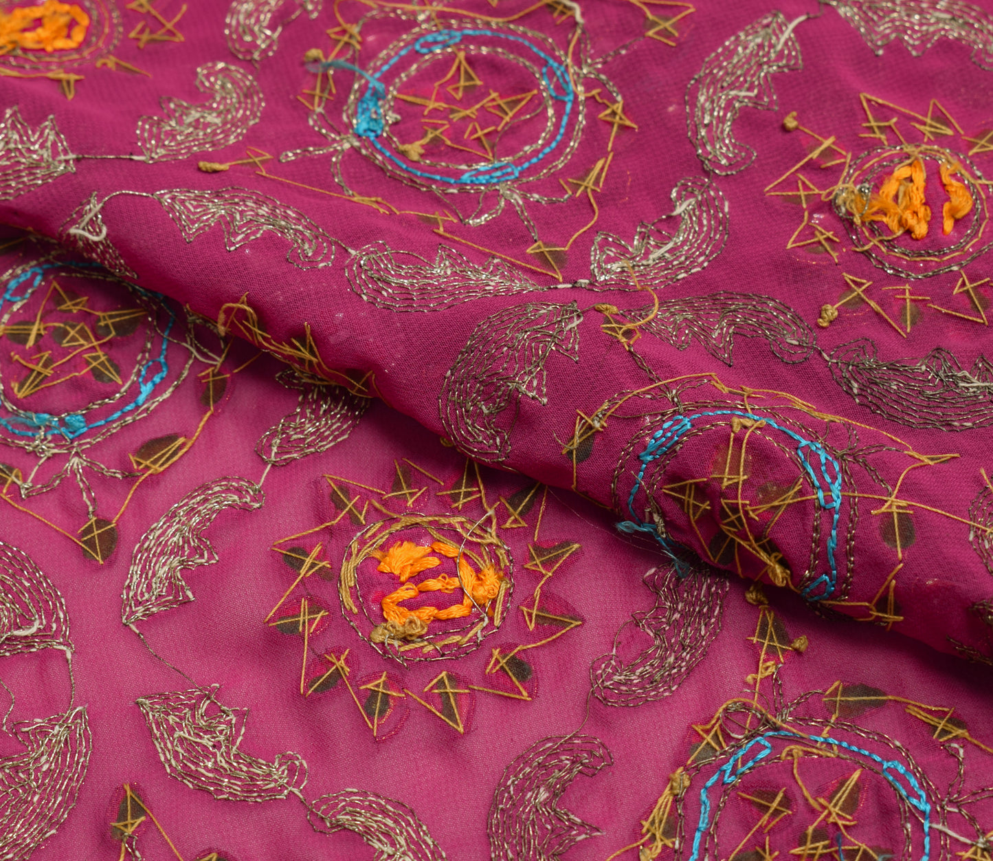 Sushila Vintage Pink Sari Remnant Scrap Georgette Silk Hand Beaded Craft Fabric