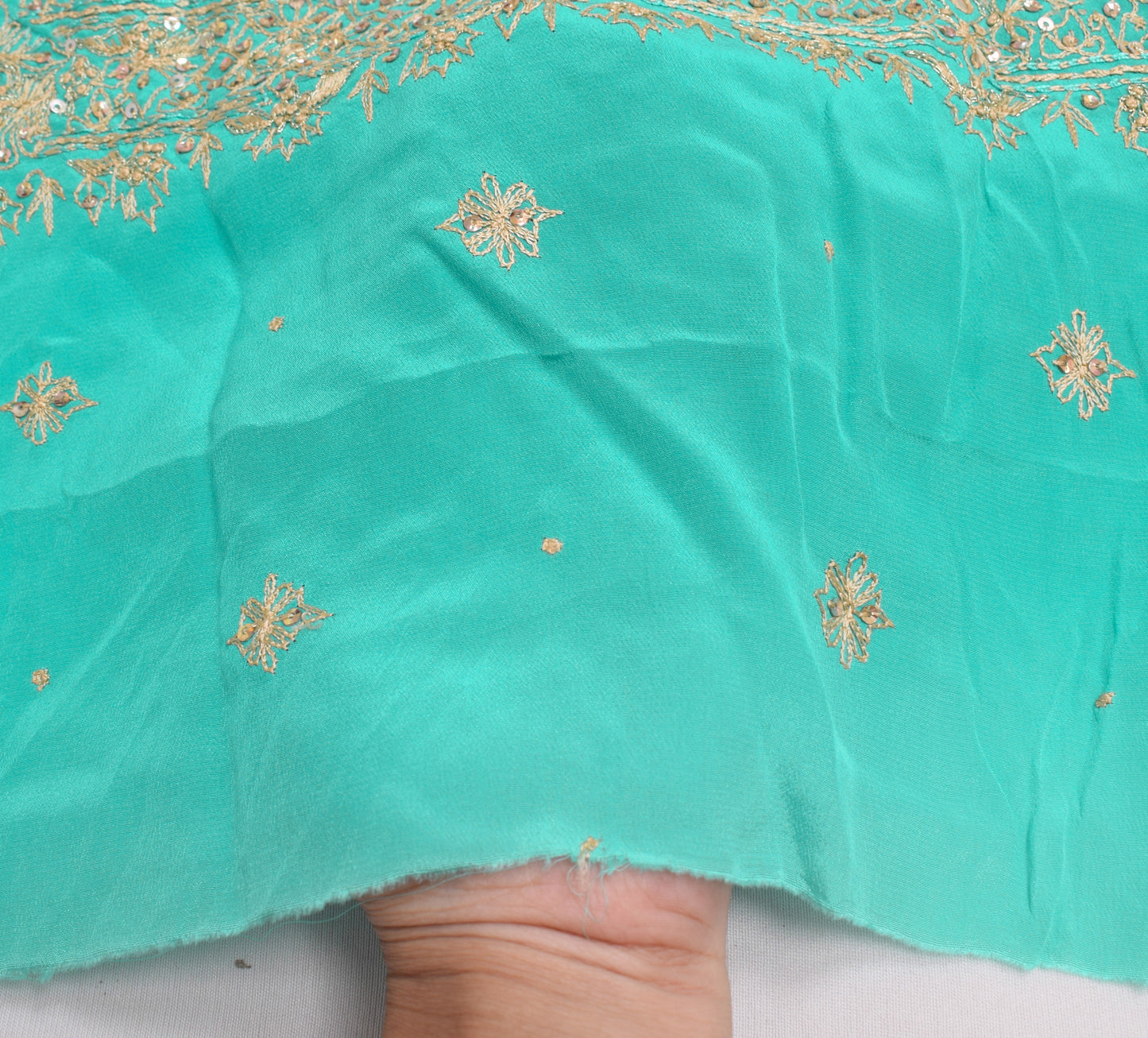 Sushila Vintage Green Sari Remnant Scrap Crepe Silk Hand Beaded Craft Fabric