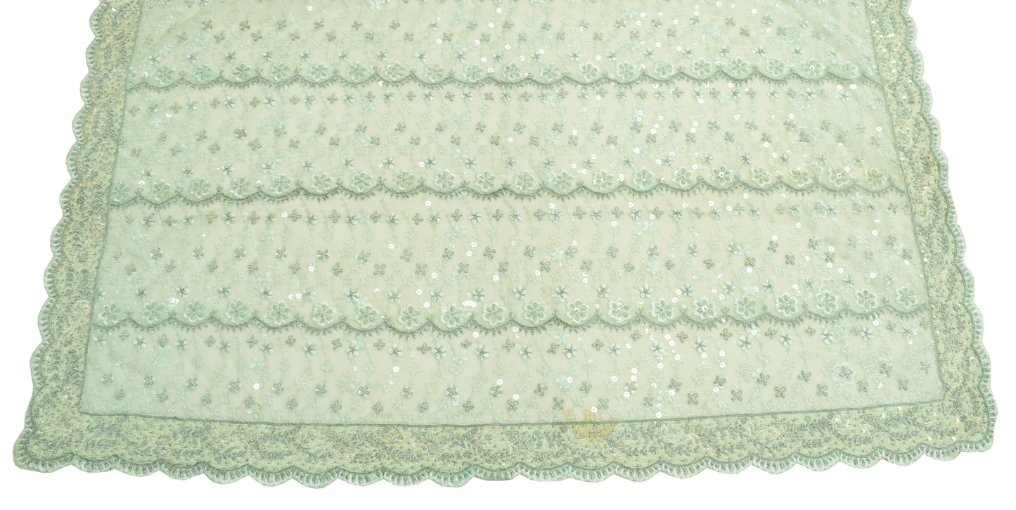 Sushila Vintage Green Net Sari Remnant Scrap Hand Beaded Floral Craft Fabric