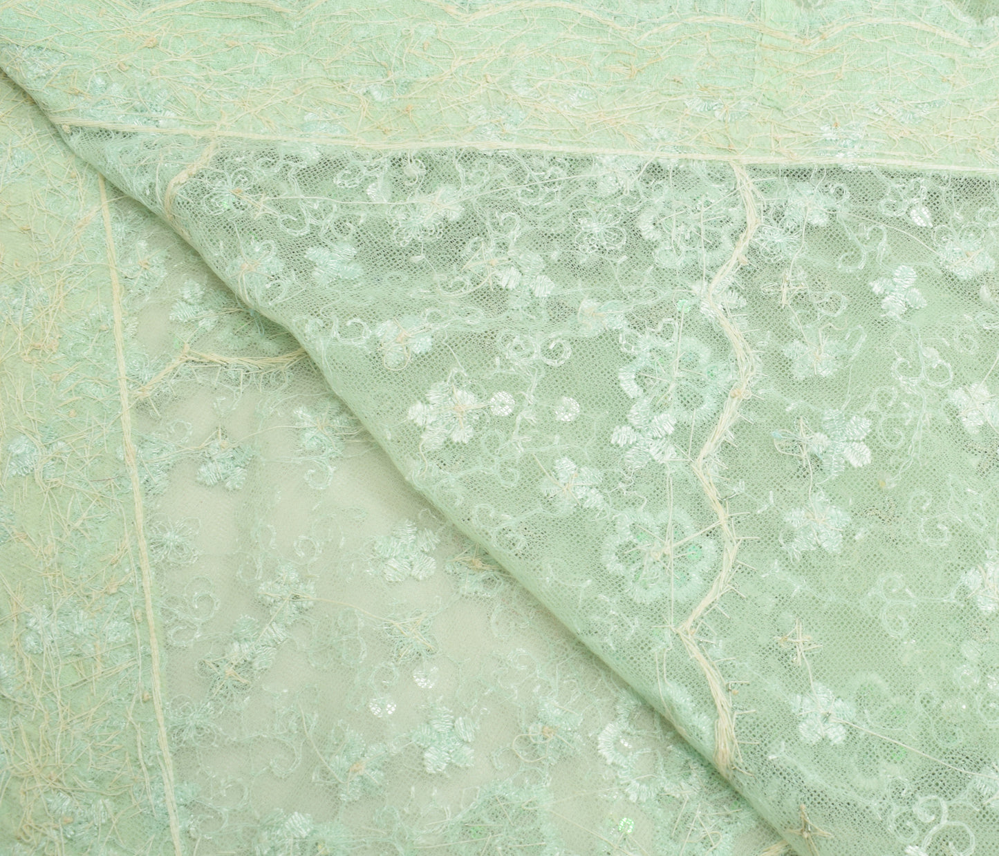 Sushila Vintage Green Net Sari Remnant Scrap Hand Beaded Floral Craft Fabric