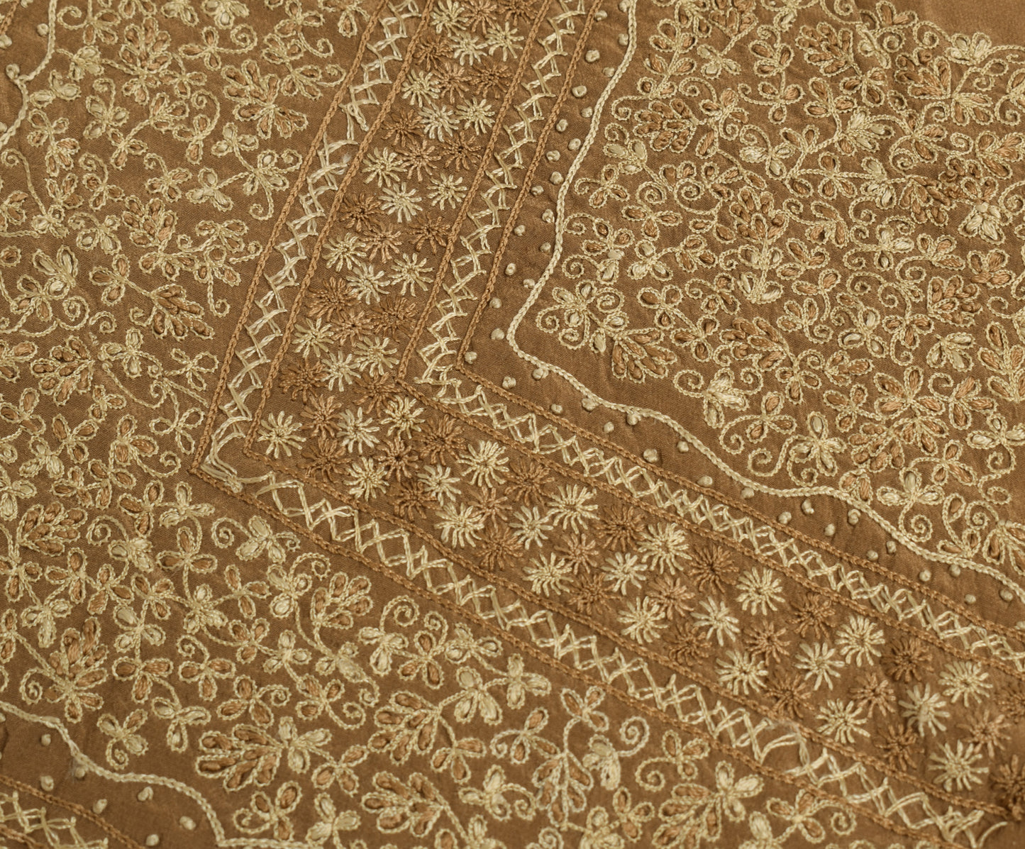 Sushila Vintage Brown Sari Remnant Scrap Crepe Silk Hand Embroidery Craft Fabric