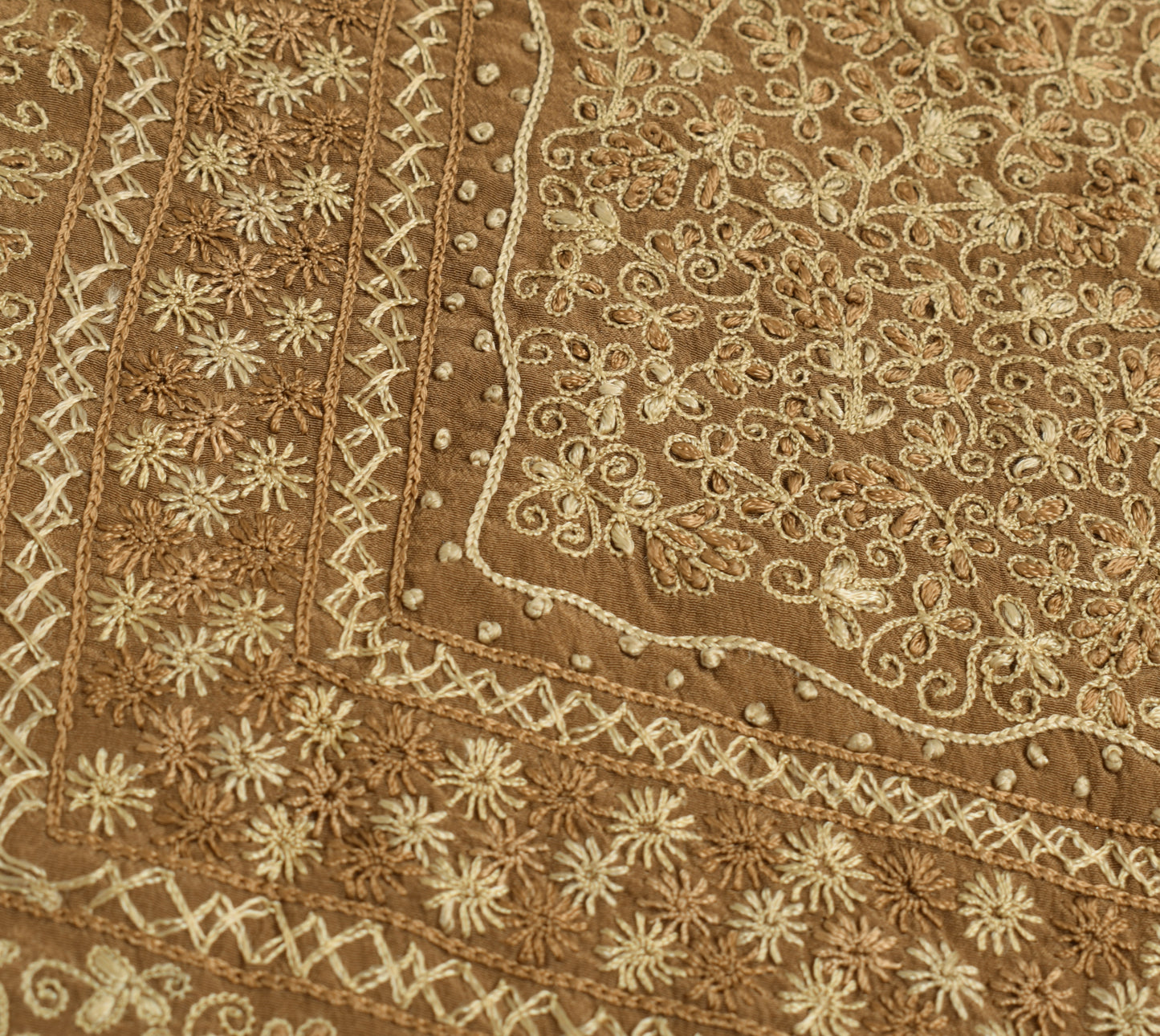 Sushila Vintage Brown Sari Remnant Scrap Crepe Silk Hand Embroidery Craft Fabric