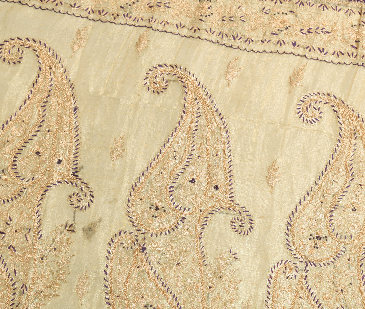 Sushila Vintage Golden Tissu Sari Remnant Scrap Hand Beaded Paisley Craft Fabric