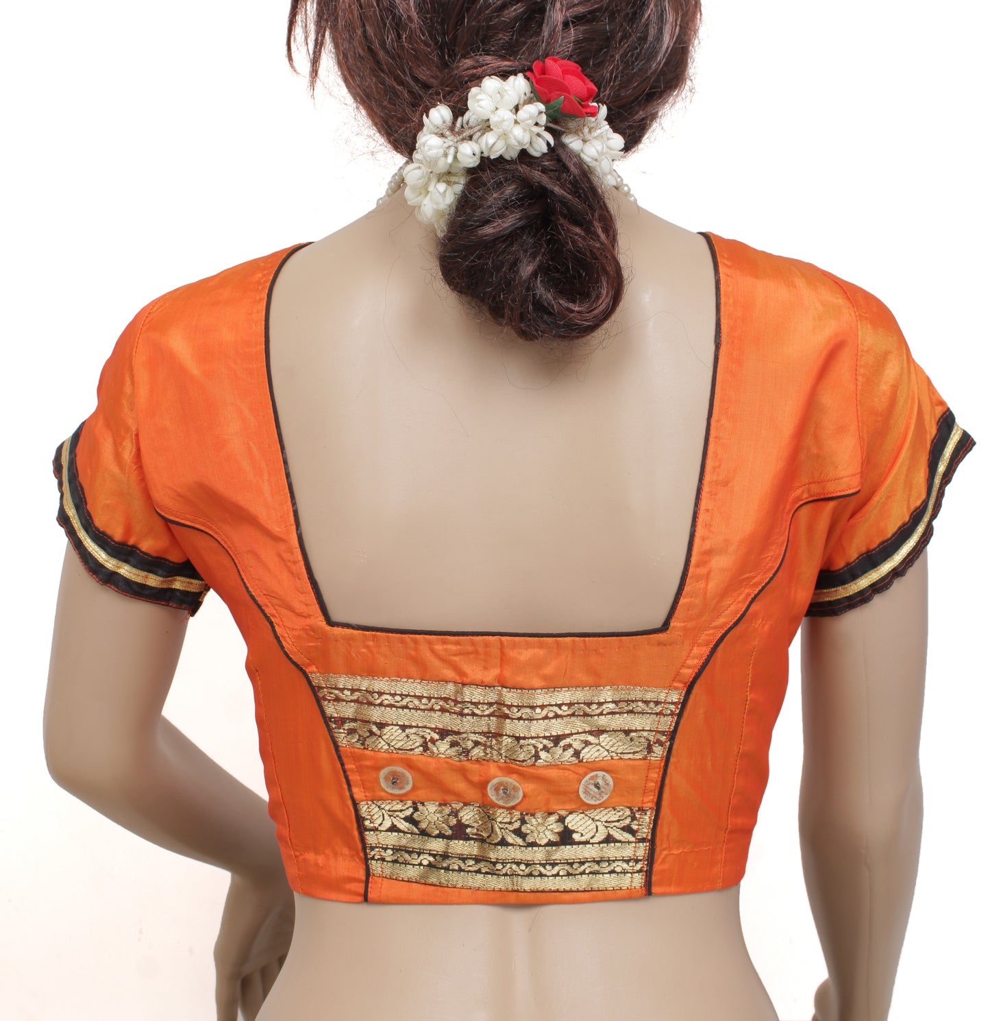 Sushila Vintage Readymade Stitched Sari Blouse Orange Silk Woven Designer Top