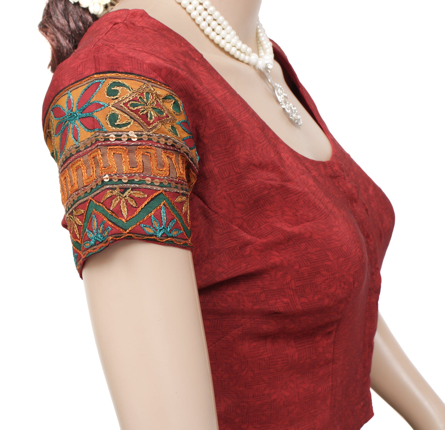 Sushila Vintage Maroon Readymade Stitched Sari Blouse Crepe Printed Designer Top