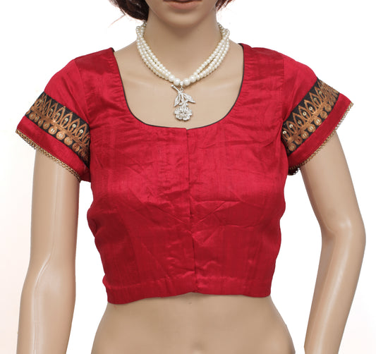 Sushila Vintage Readymade Stitched Red Sari Blouse Pure Silk Woven Designer Top