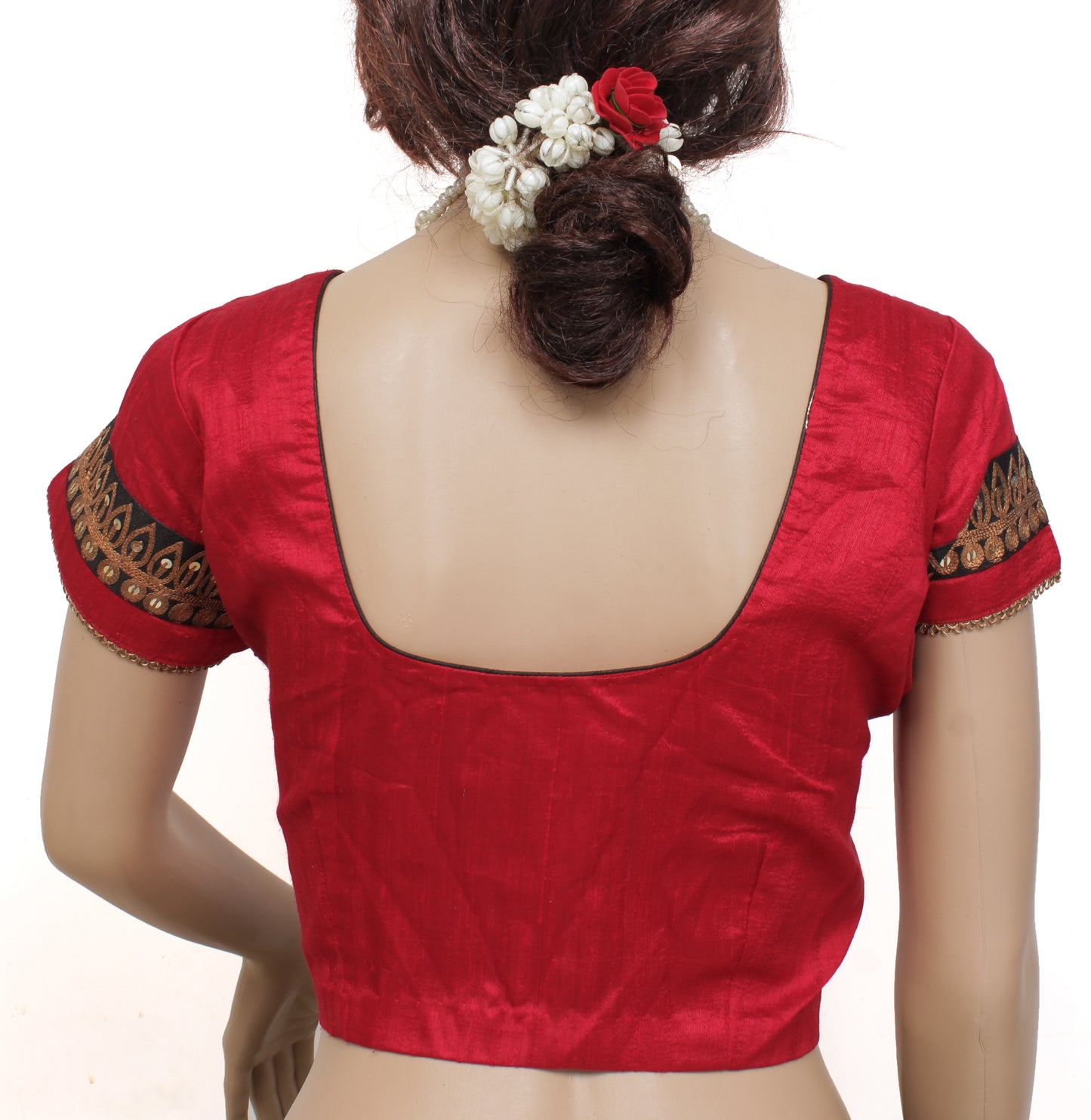 Sushila Vintage Readymade Stitched Red Sari Blouse Pure Silk Woven Designer Top