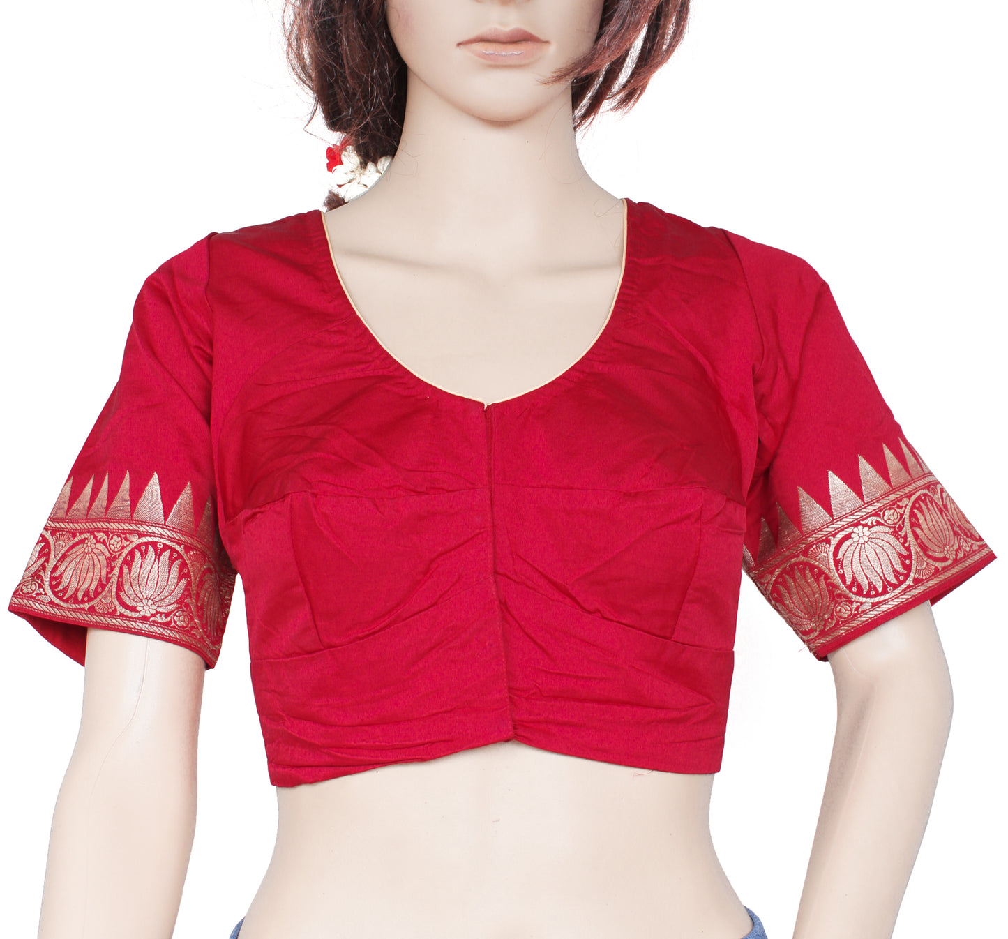 Sushila Vintage Readymade Stitched Red Sari Blouse Pure Silk Woven Designer Top