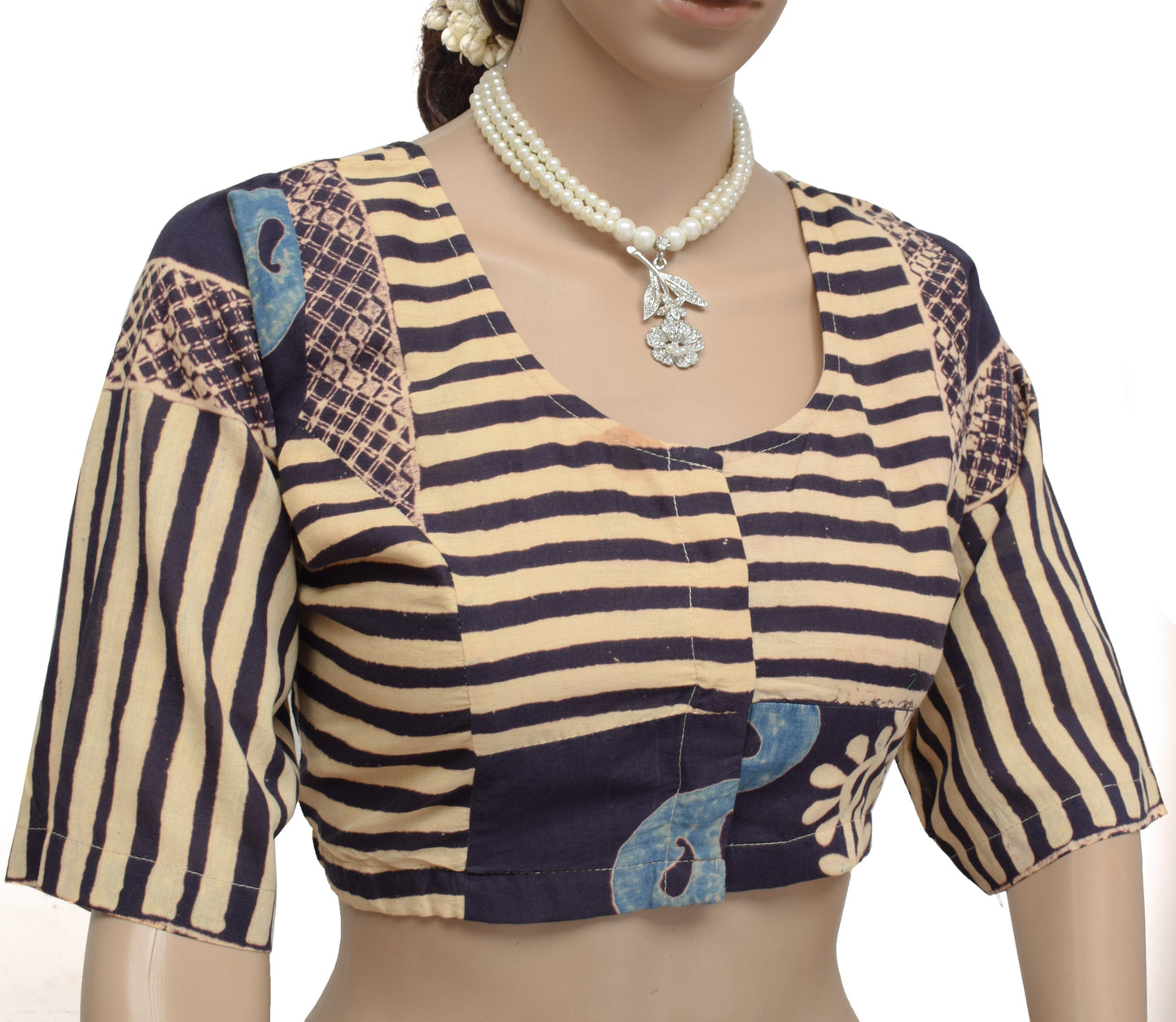 Sushila Vintage New Readymade Stitched Sari Blouse Cotton Stripes Printed Choli