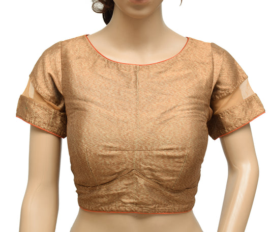 Sushila Vintage Readymade Stitched Sari Blouse Art Silk Woven Designer Top Brown