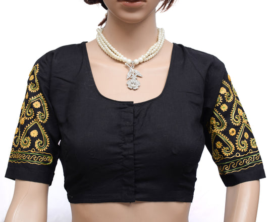 Sushila Vintage Black Readymade Stitched Sari Blouse Cotton Embroidered Choli