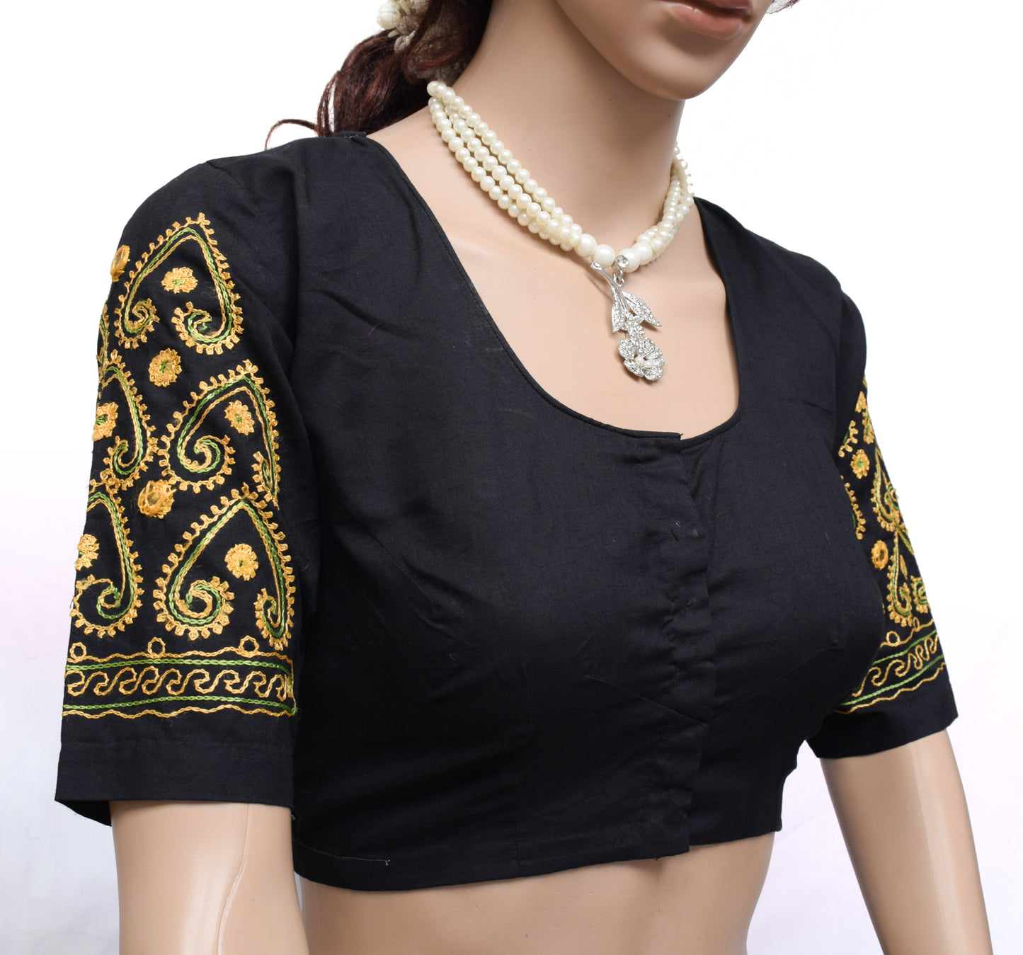 Sushila Vintage Black Readymade Stitched Sari Blouse Cotton Embroidered Choli