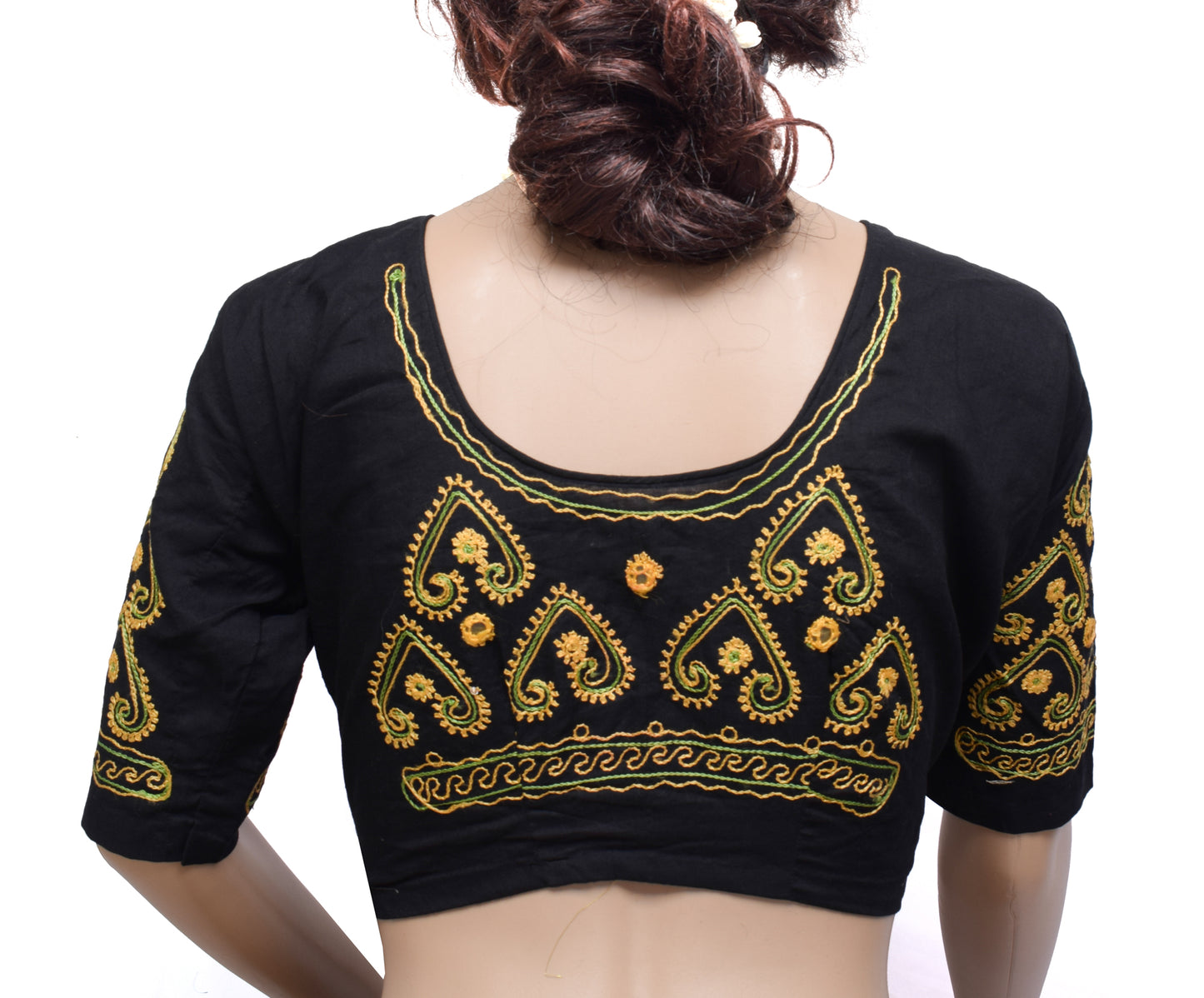 Sushila Vintage Black Readymade Stitched Sari Blouse Cotton Embroidered Choli