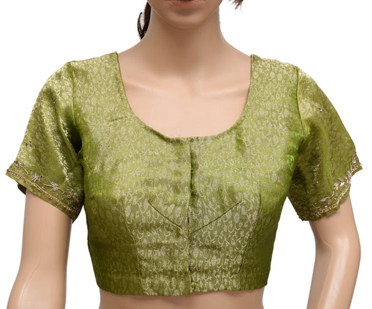 Sushila Vintage Readymade Stitched Green Sari Blouse Tissue Woven Designer Choli