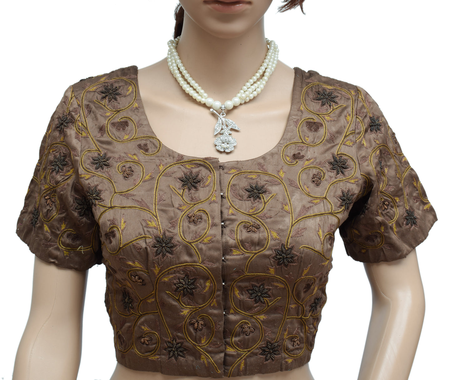 Sushila Vintage Brown Readymade Stitched Sari Blouse Satin Silk Embroidery Choli