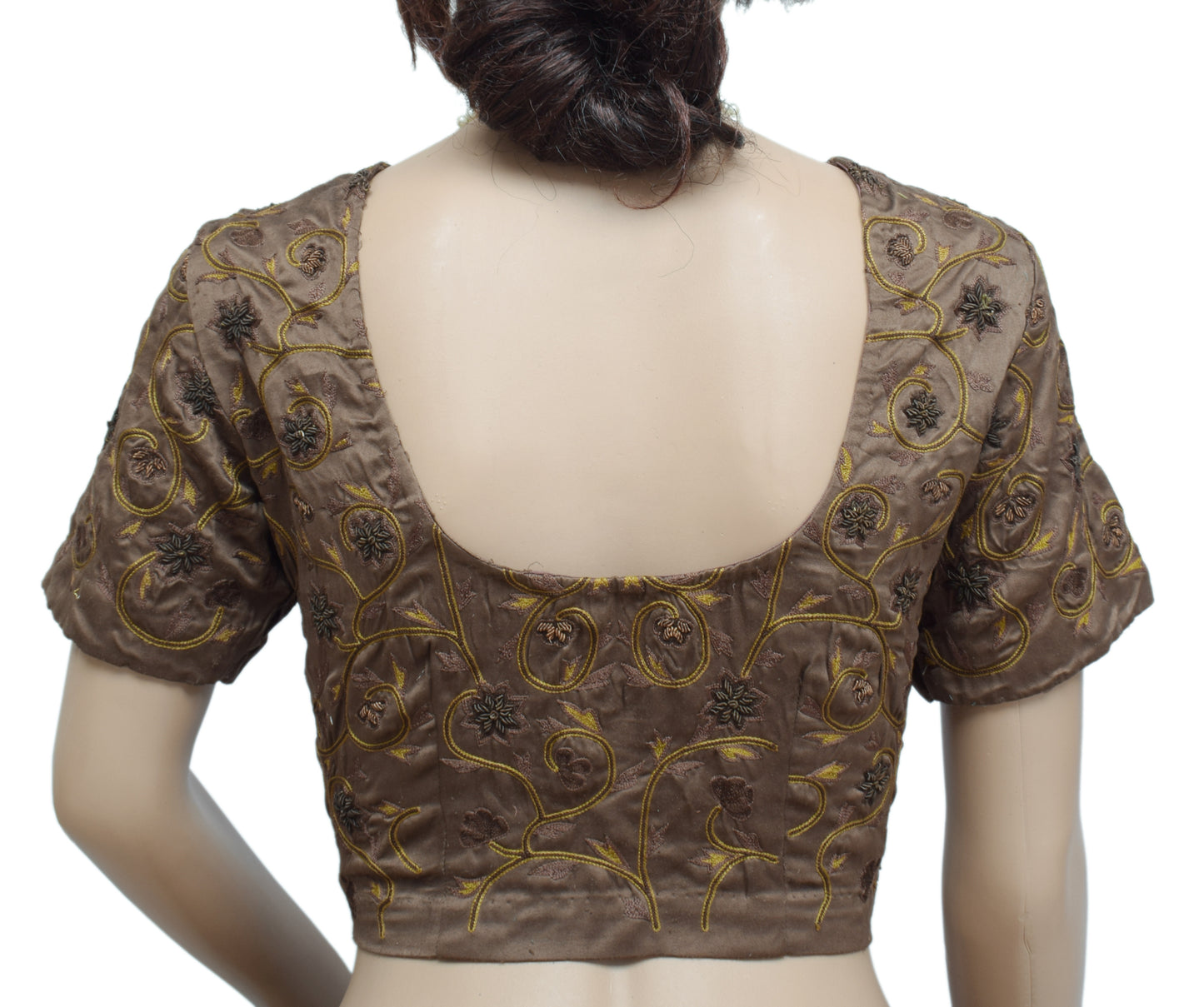 Sushila Vintage Brown Readymade Stitched Sari Blouse Satin Silk Embroidery Choli