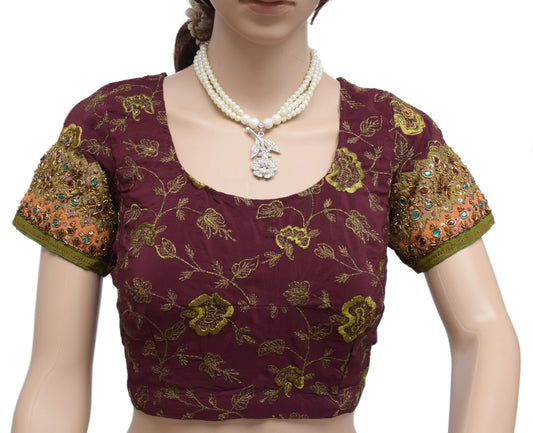 Sushila Vintage Maroon Readymade Stitched Sari Blouse Crepe Embroidered Choli