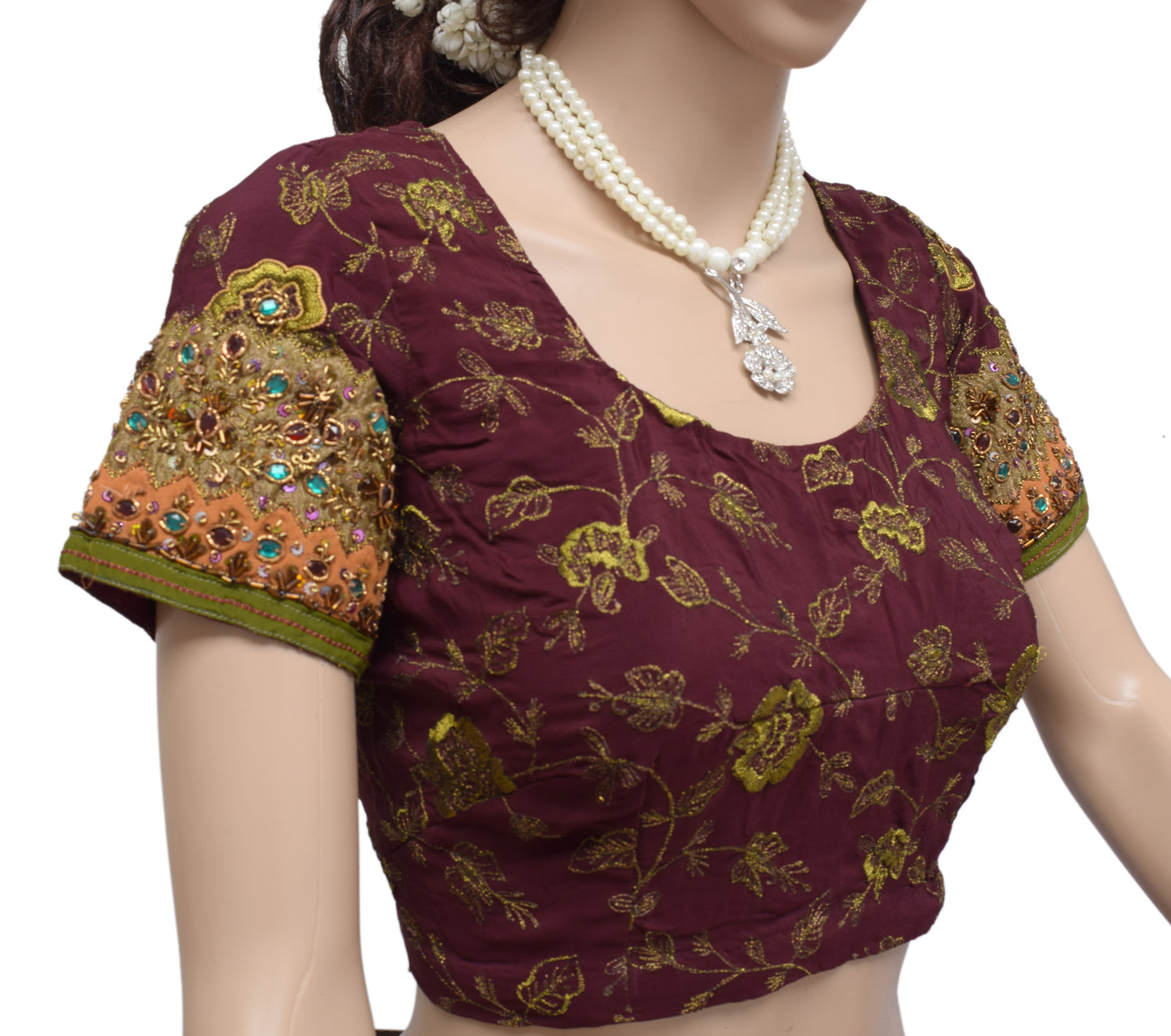 Sushila Vintage Maroon Readymade Stitched Sari Blouse Crepe Embroidered Choli