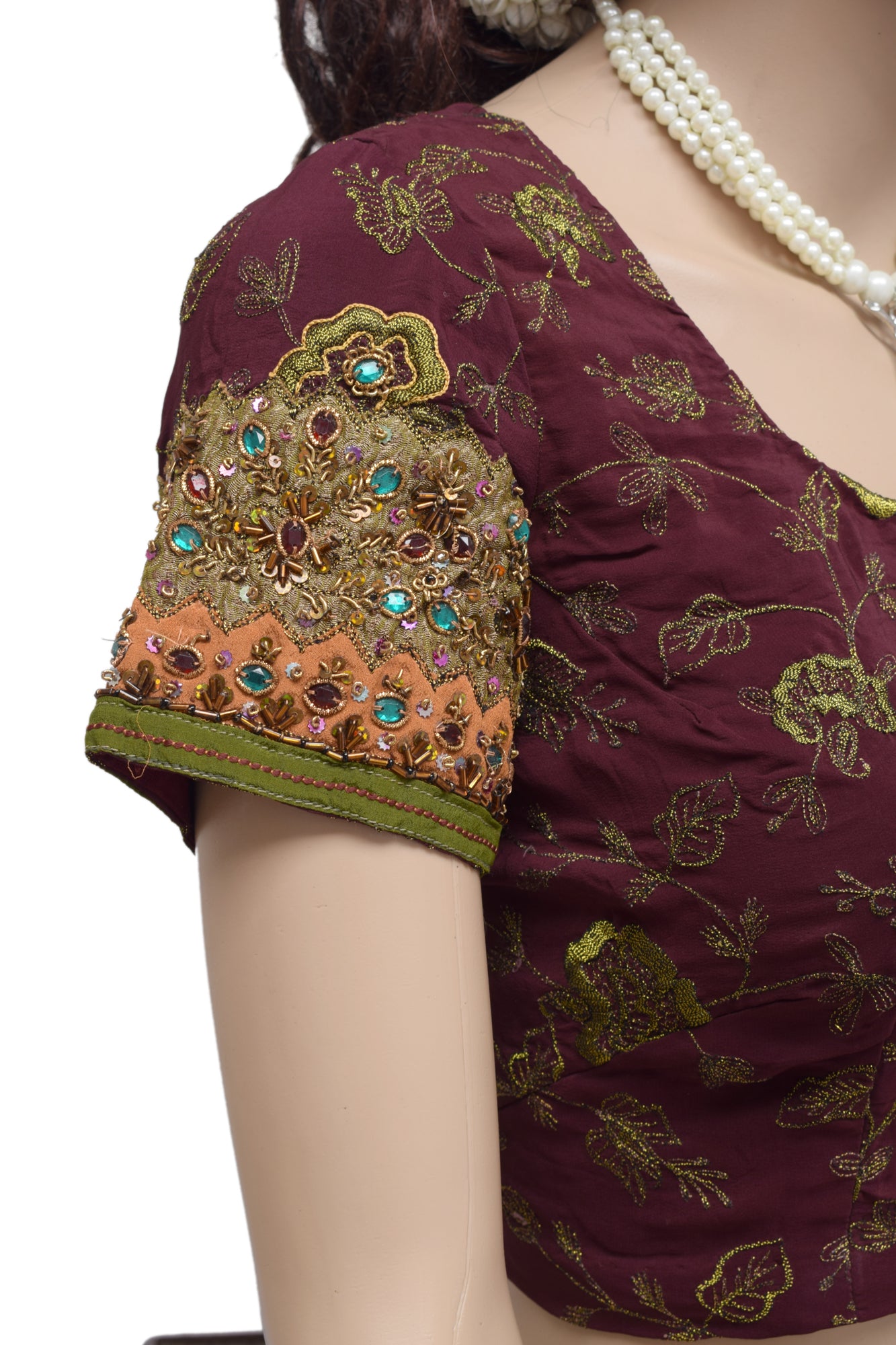 Sushila Vintage Maroon Readymade Stitched Sari Blouse Crepe Embroidered Choli