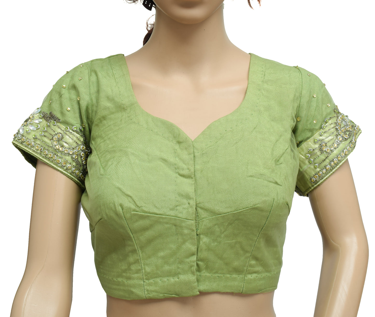 Sushila Vintage Green  Readymade Stitched Sari Blouse Net Mesh Hand Beaded Choli