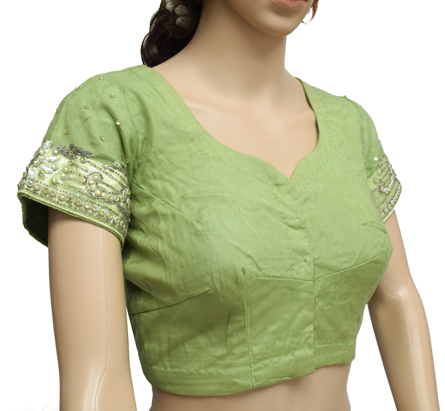 Sushila Vintage Green  Readymade Stitched Sari Blouse Net Mesh Hand Beaded Choli