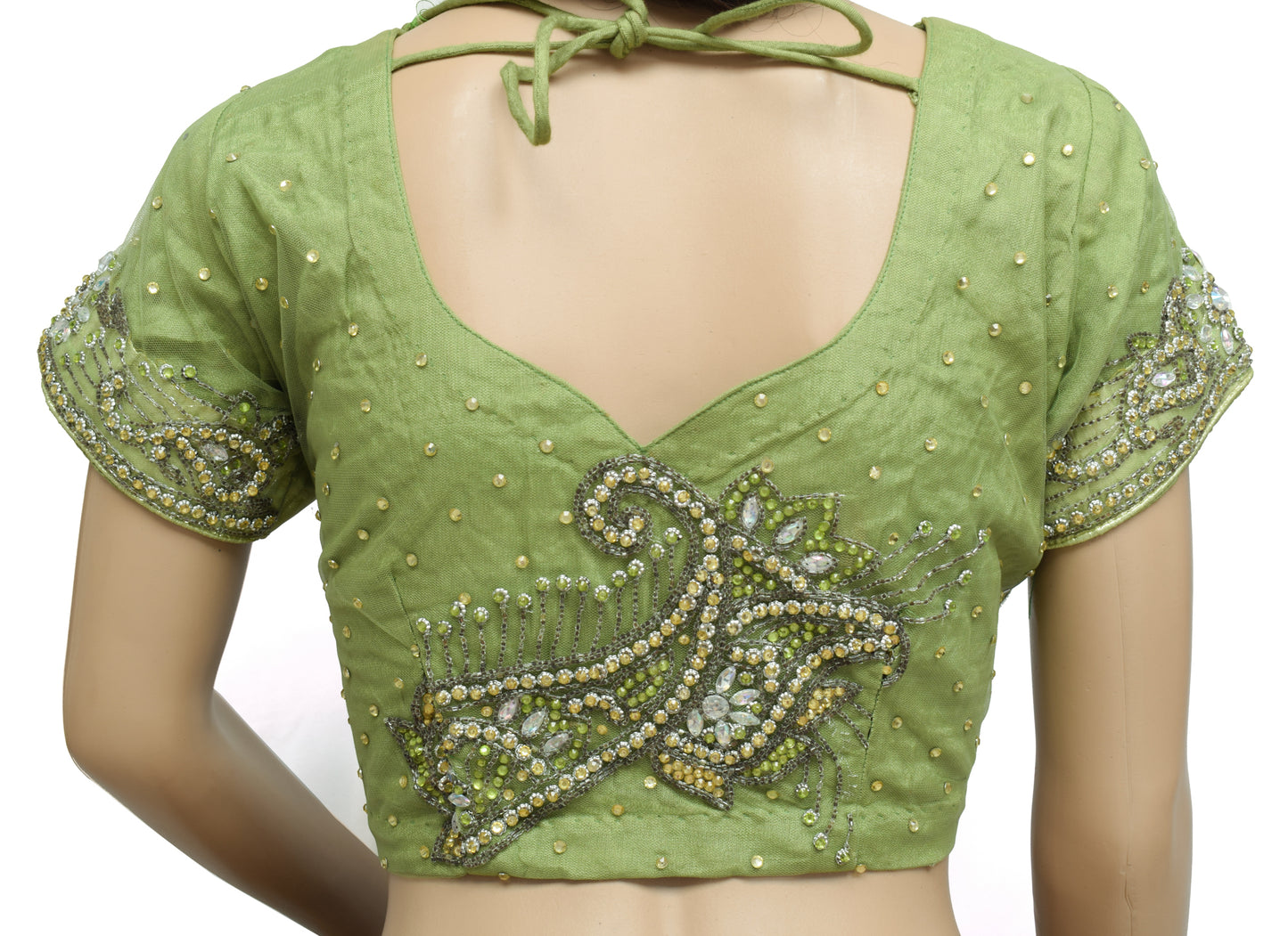 Sushila Vintage Green  Readymade Stitched Sari Blouse Net Mesh Hand Beaded Choli