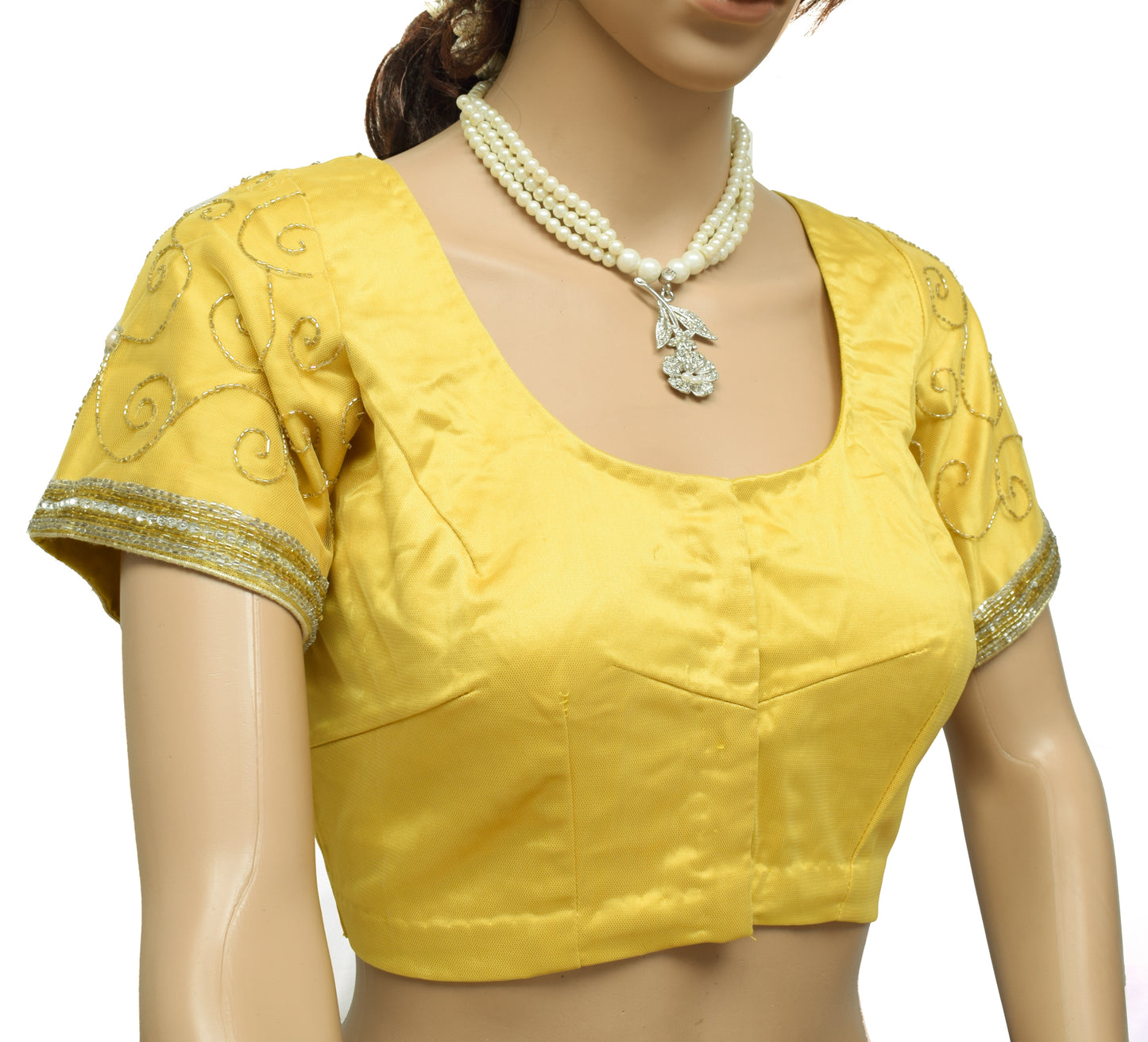 Sushila Vintage Yellow Readymade Stitched Sari Blouse Net Mesh Hand Beaded Choli